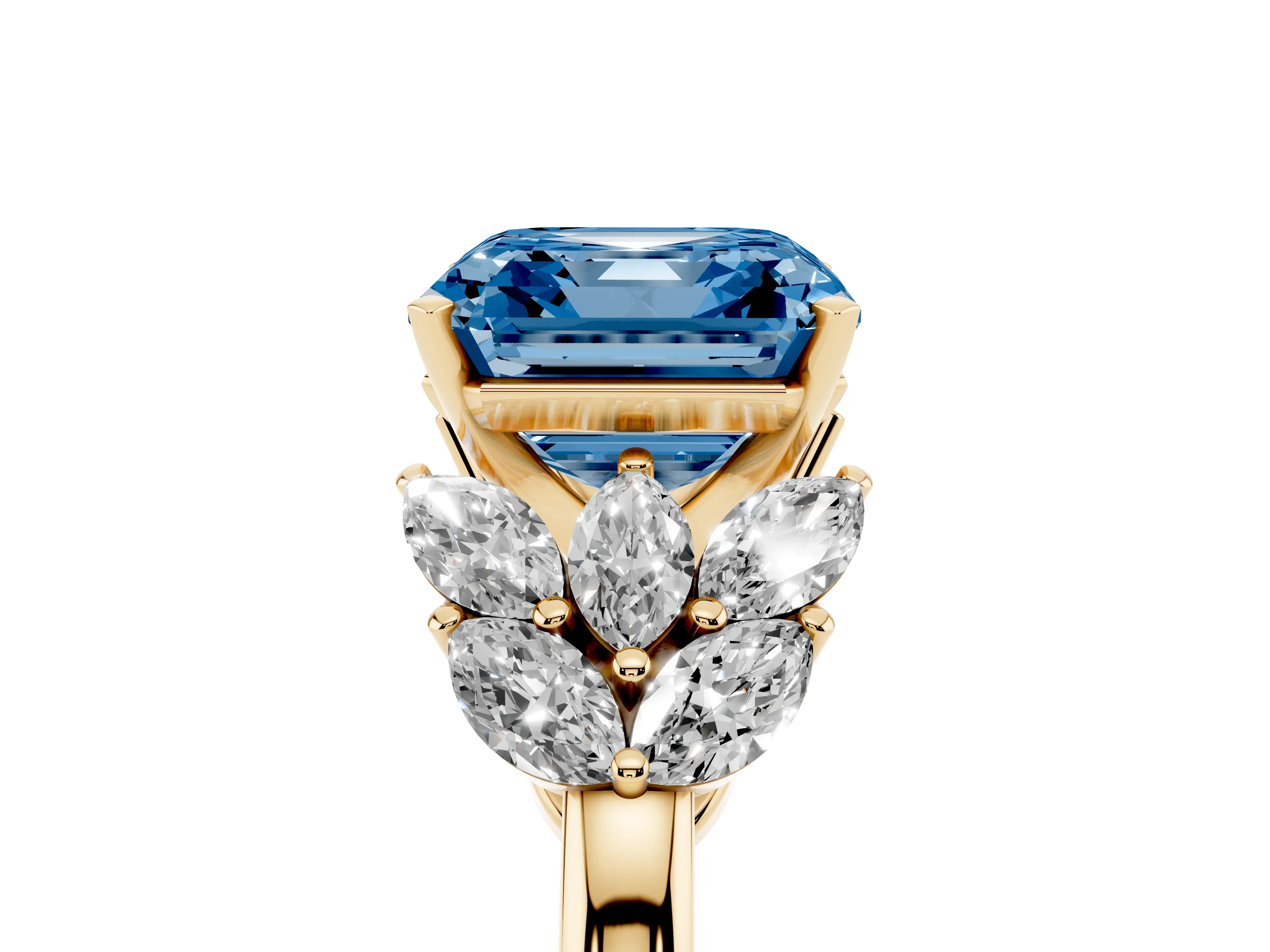 Fancy Blue Asscher Cut Diamond Cluster Leaf Design Ring Set in Yellow gold with Prong Setting