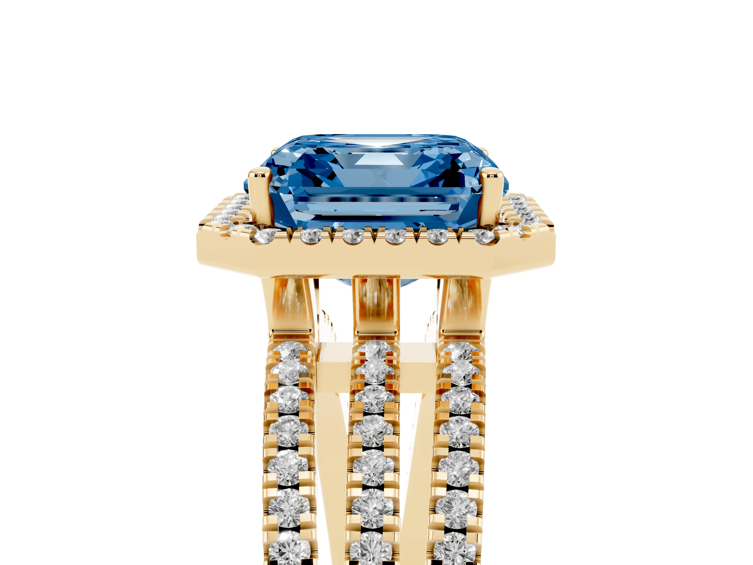 Fancy Blue Asscher Cut Diamond Halo Split Shank Engagement Ring Set in Yellow gold with Prong Setting
