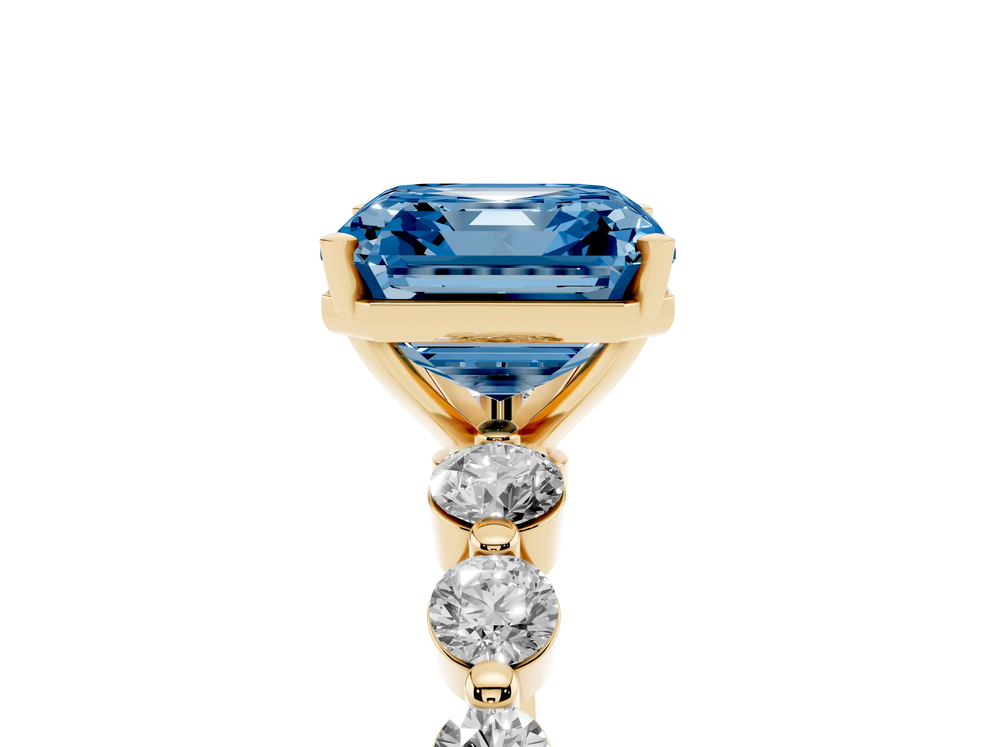 Fancy Blue Asscher Cut Diamond Solitaire Ring Set in Yellow gold with Pavé Band and Prong Setting