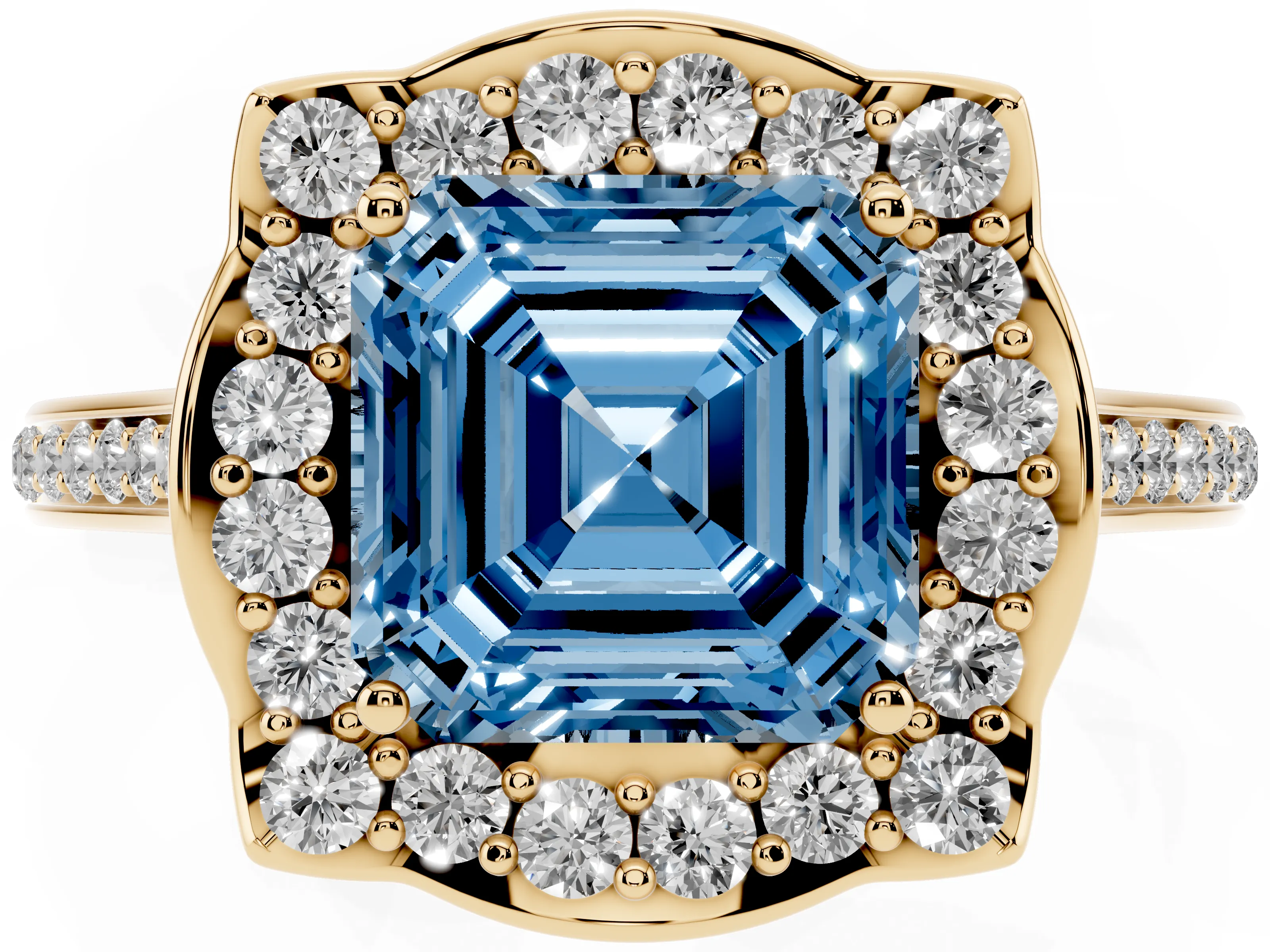 Fancy Blue Asscher Cut Diamond Halo Ring Set in Yellow gold with Pavé-Lined Shoulders and Prong Setting