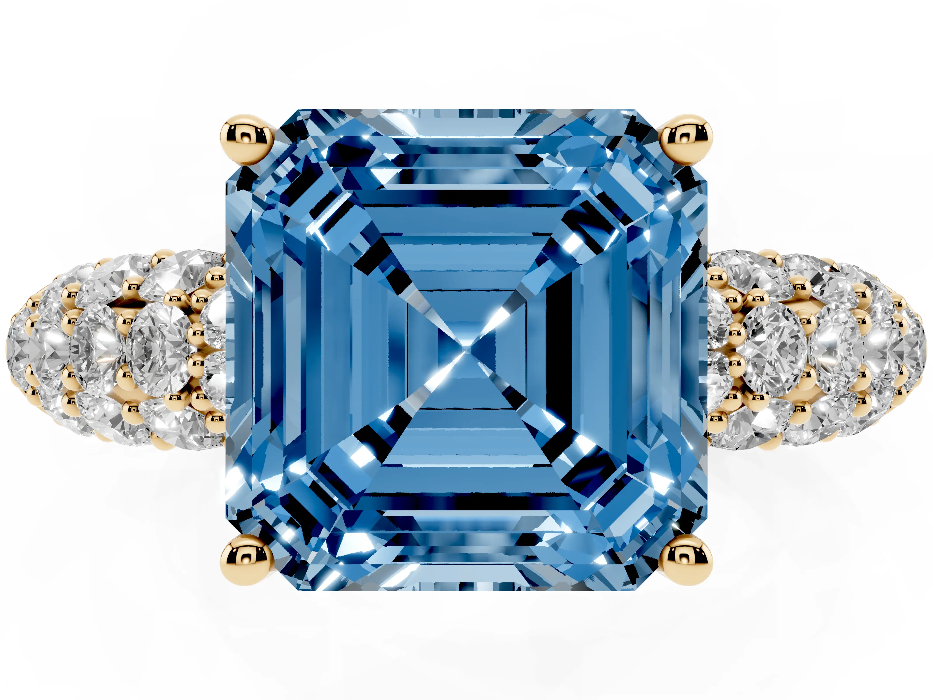 Fancy Blue Asscher Cut Diamond Pavé Band Solitaire Ring Set in Yellow gold with Close-Set Accent Stones and Prong Setting