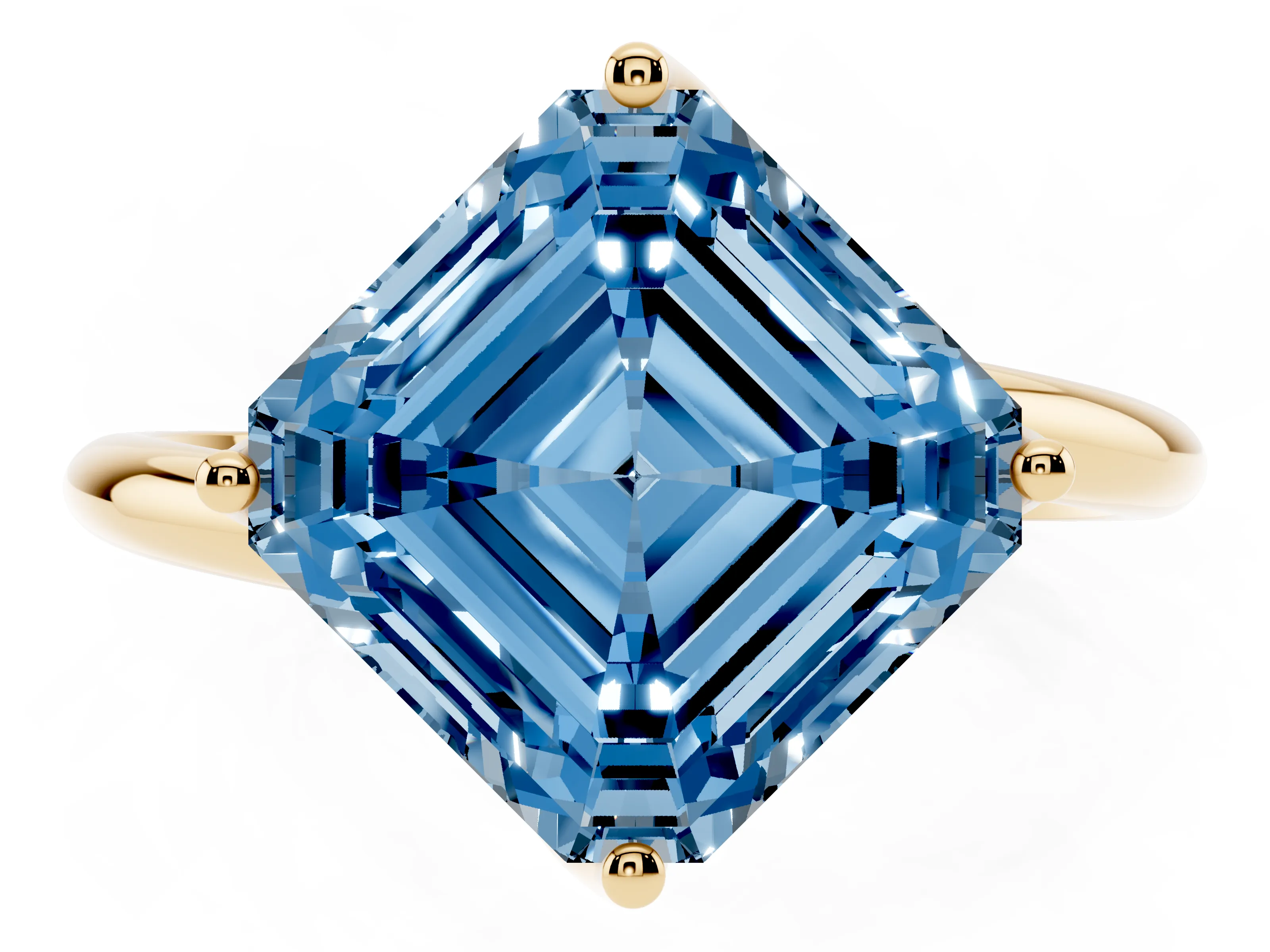 Fancy Blue Asscher Cut Diamond Solitaire Engagement Ring Set in Yellow gold with Classic Plain Band