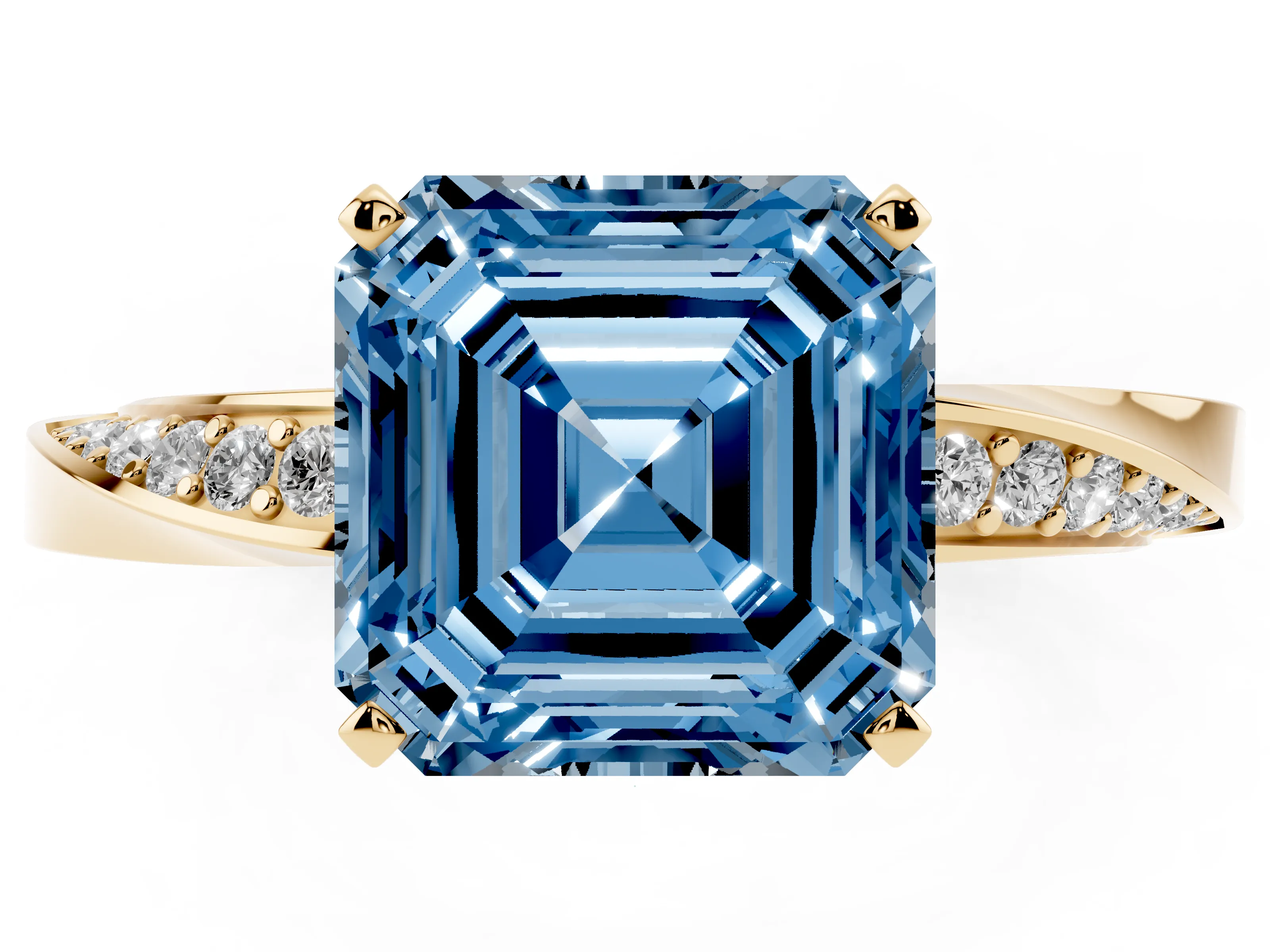 Fancy Blue Asscher Cut Diamond Engagement Ring Set in Yellow gold with Side Stone Accents and Prong Setting