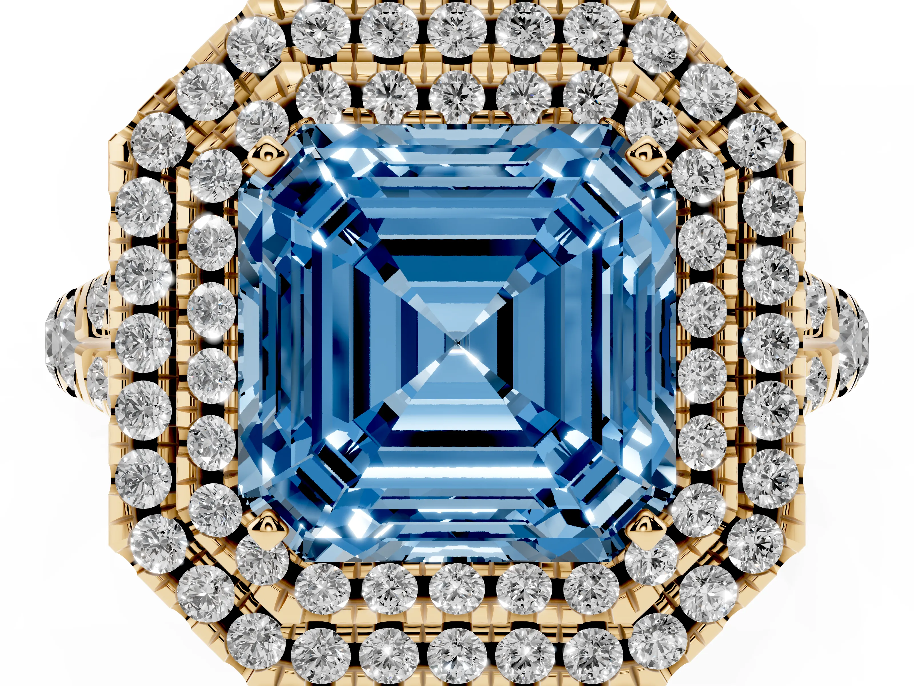 Fancy Blue Asscher Cut Diamond Pavé Split Shank Double Halo Engagement Ring Set in Yellow gold