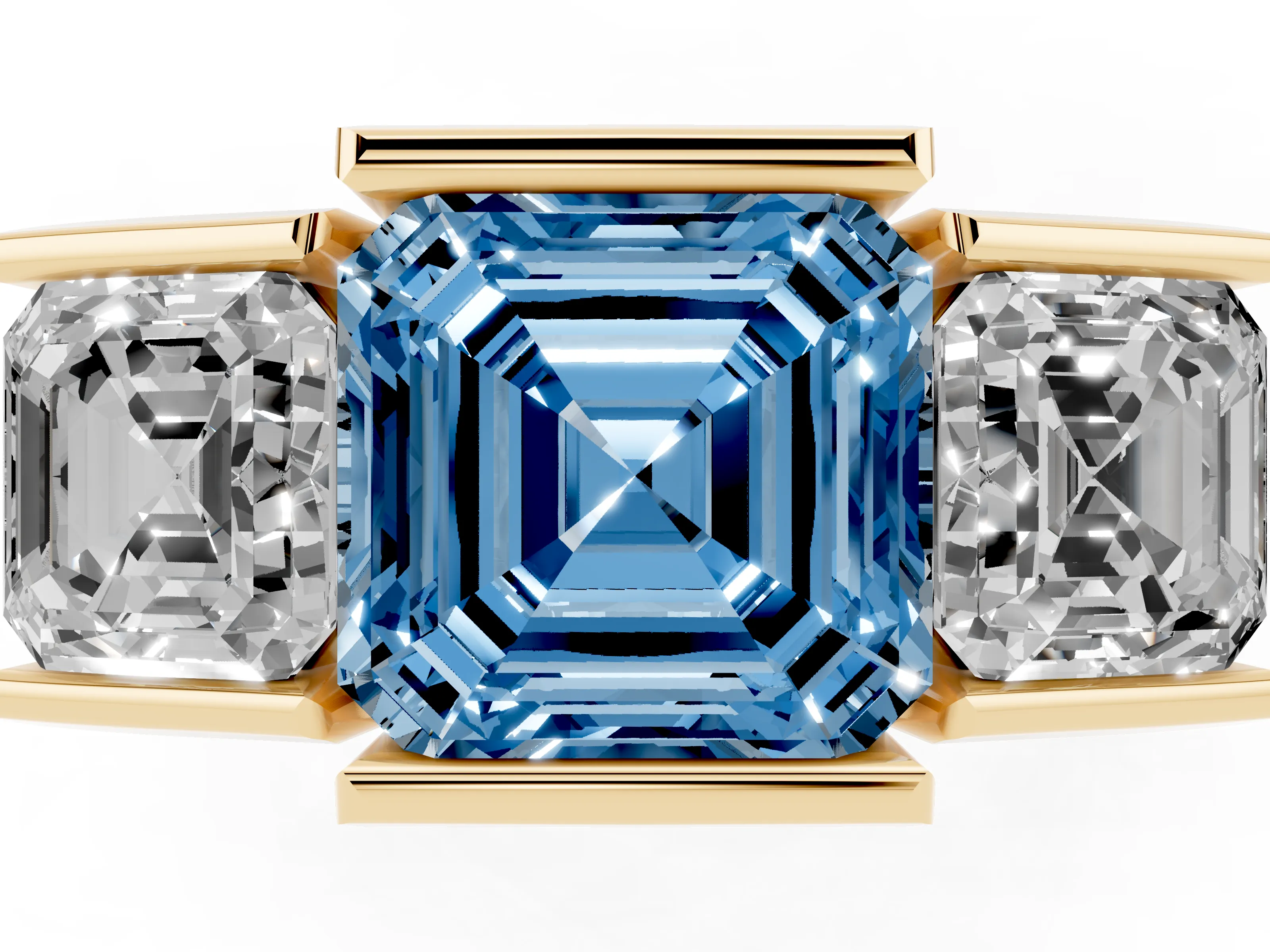 Fancy Blue Asscher Cut Diamond Three-Stone Channel Set Ring Set in Yellow gold with Smooth Polished Band