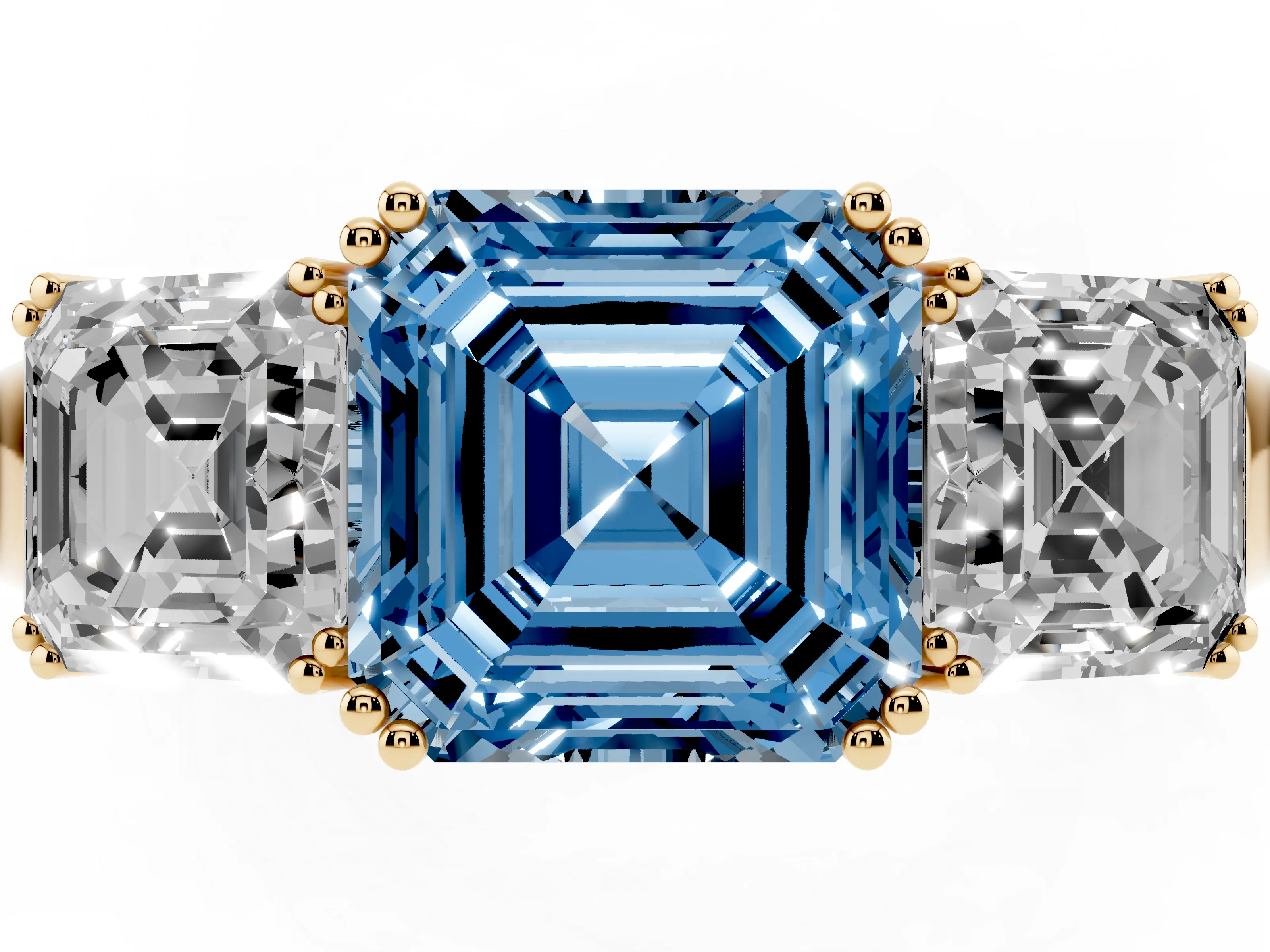 Fancy Blue Asscher Cut Diamond Three-Stone Ring Set in Yellow gold with Polished Band and Prong Setting