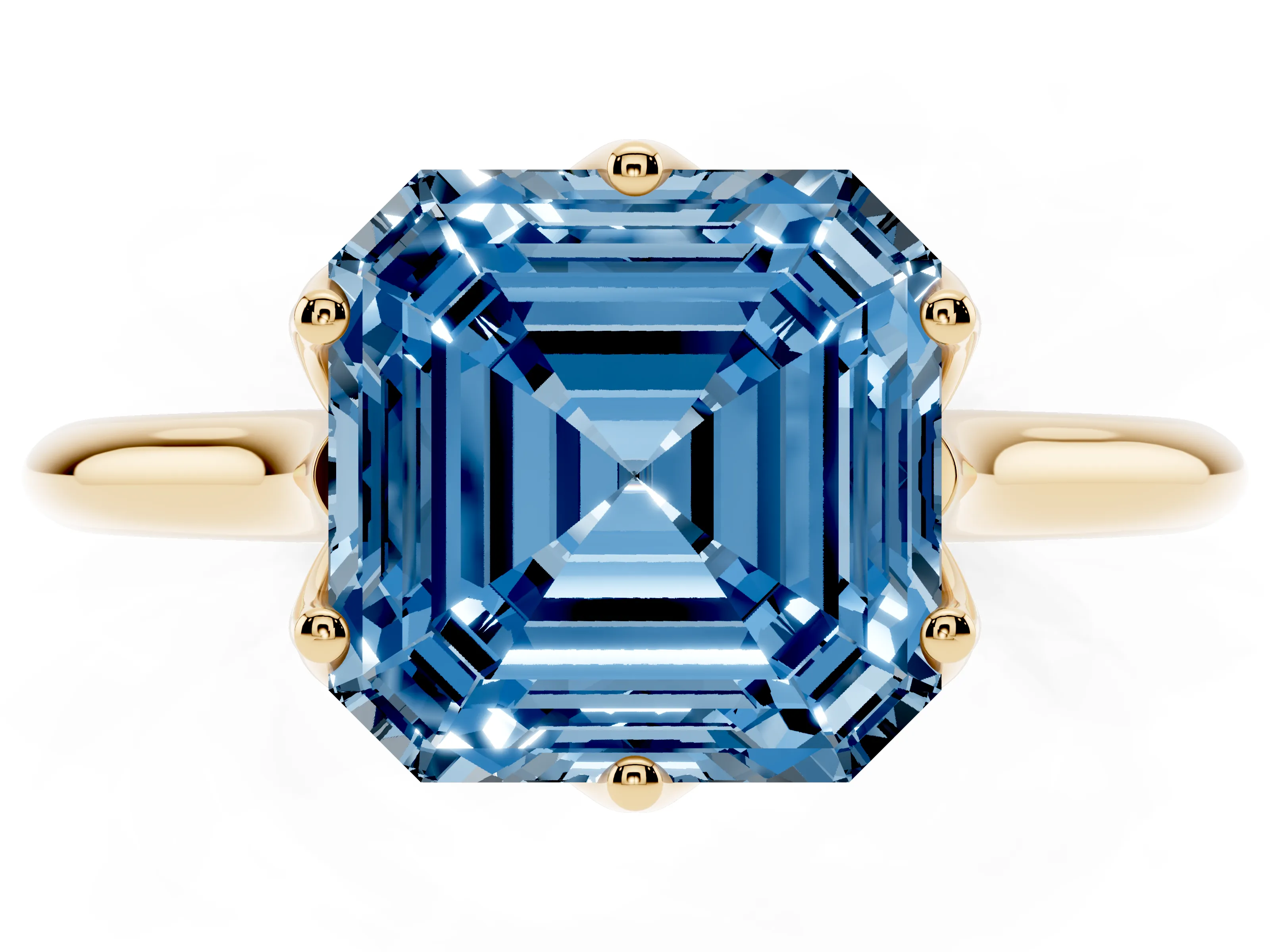 Fancy Blue Asscher Cut Diamond Solitaire Cathedral Ring Set in Yellow gold with Prong Setting