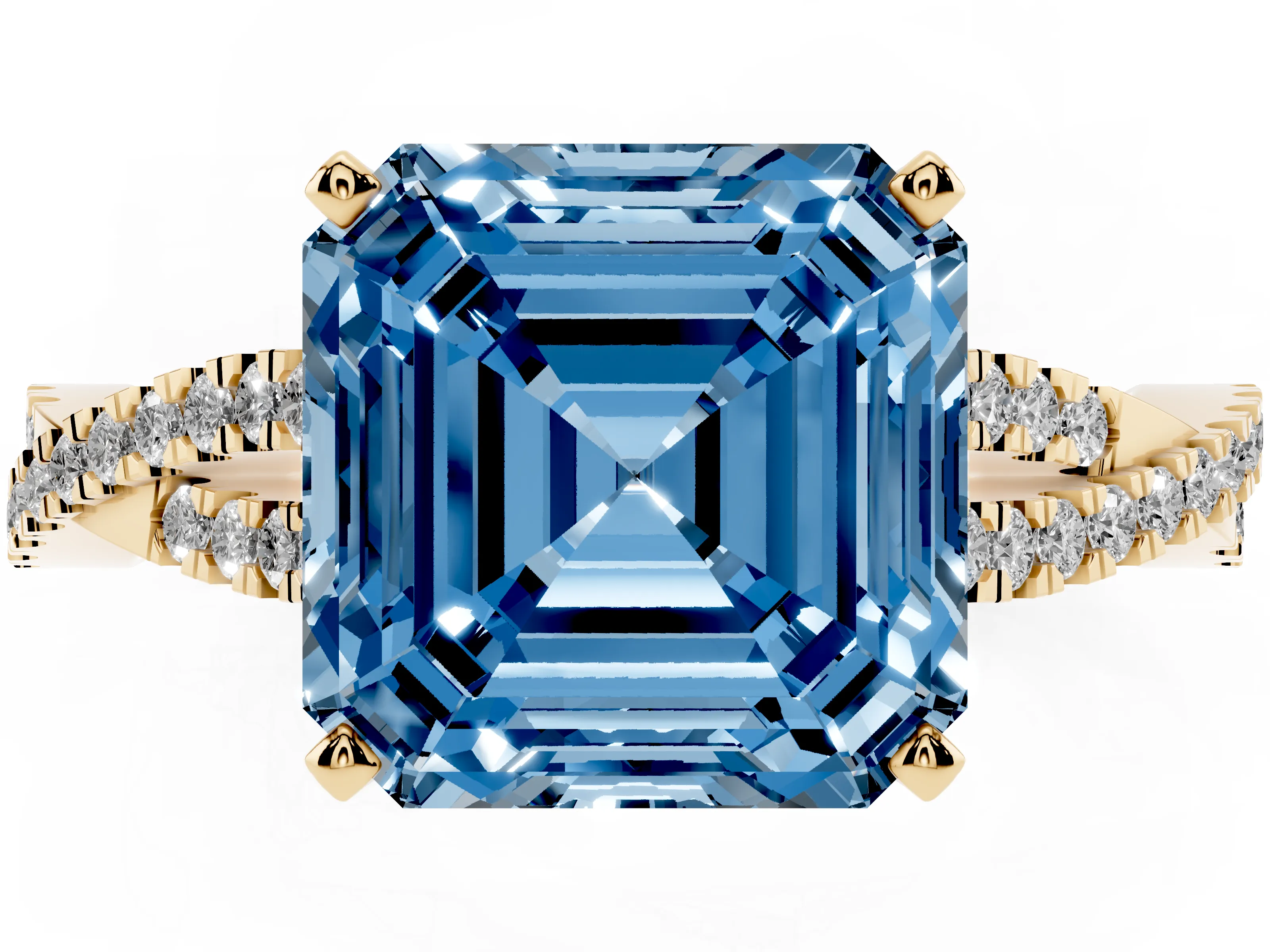 Fancy Blue Asscher Cut Diamond Solitaire Engagement Ring Set in Yellow gold with Twisted Pavé Band and Prong Setting