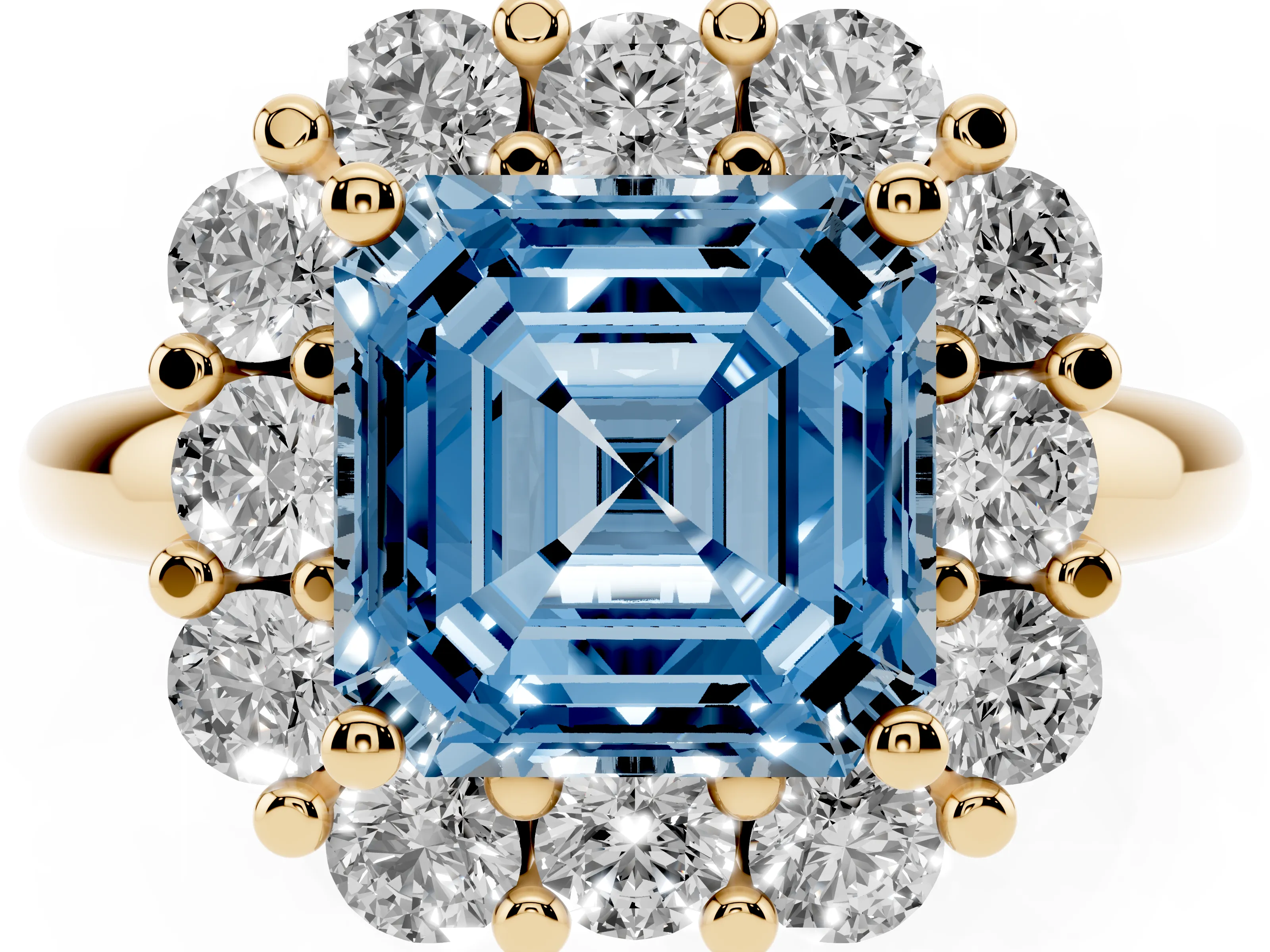 Fancy Blue Asscher Cut Diamond Halo Cluster Engagement Ring Set in Yellow gold with Polished Band and Prong Setting