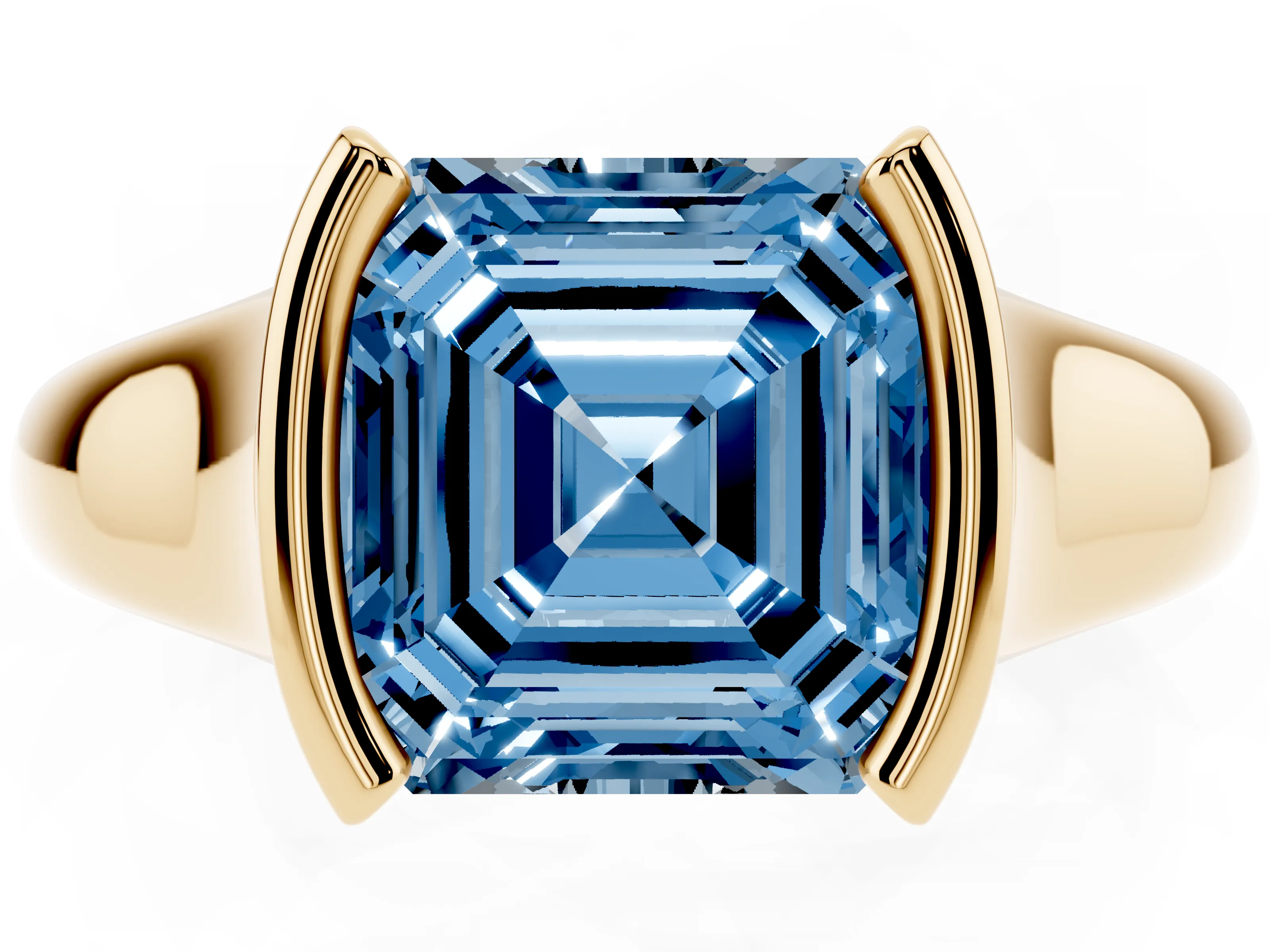 Fancy Blue Asscher Cut Diamond Solitaire Tension Set Ring Set in Yellow gold with Split Shank Band