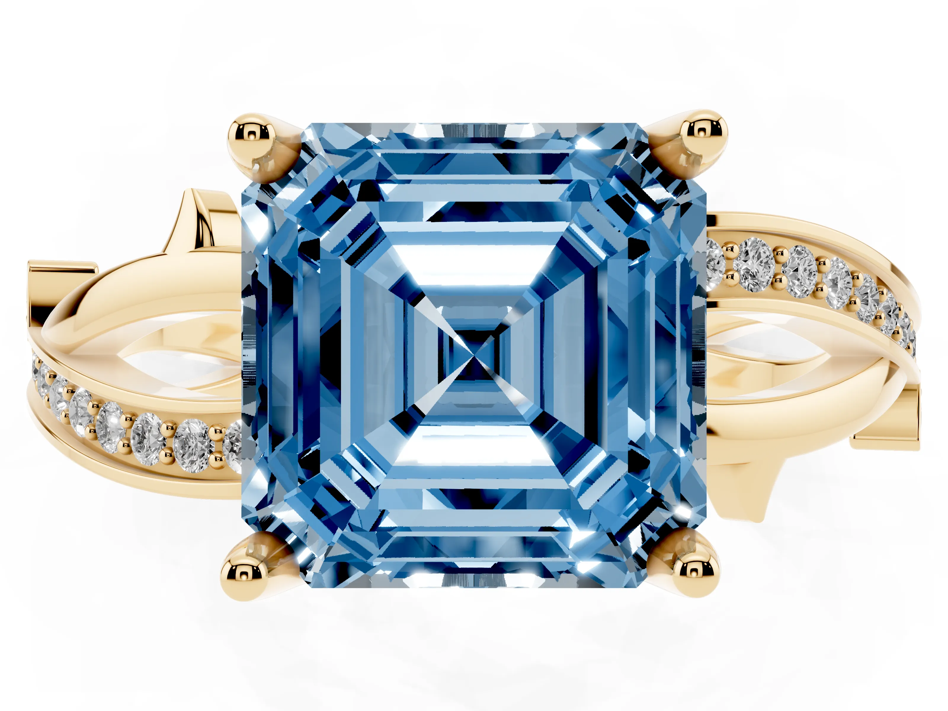 Fancy Blue Asscher Cut Diamond Pavé Twist Band Solitaire Ring Set in Yellow gold with Prong Setting