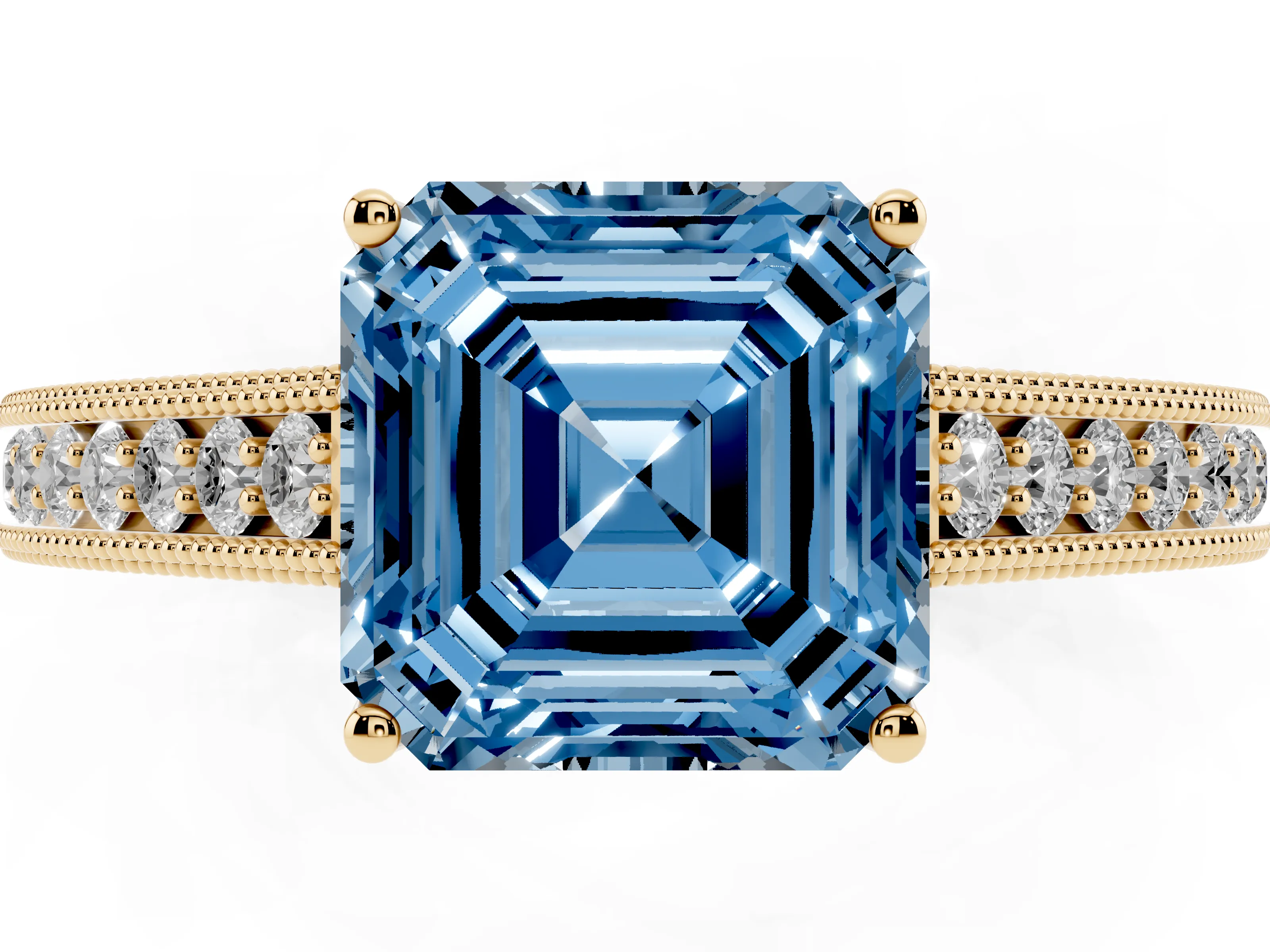 Fancy Blue Asscher Cut Diamond Milgrain Pavé Band Solitaire Ring Set in Yellow gold with Prong Setting