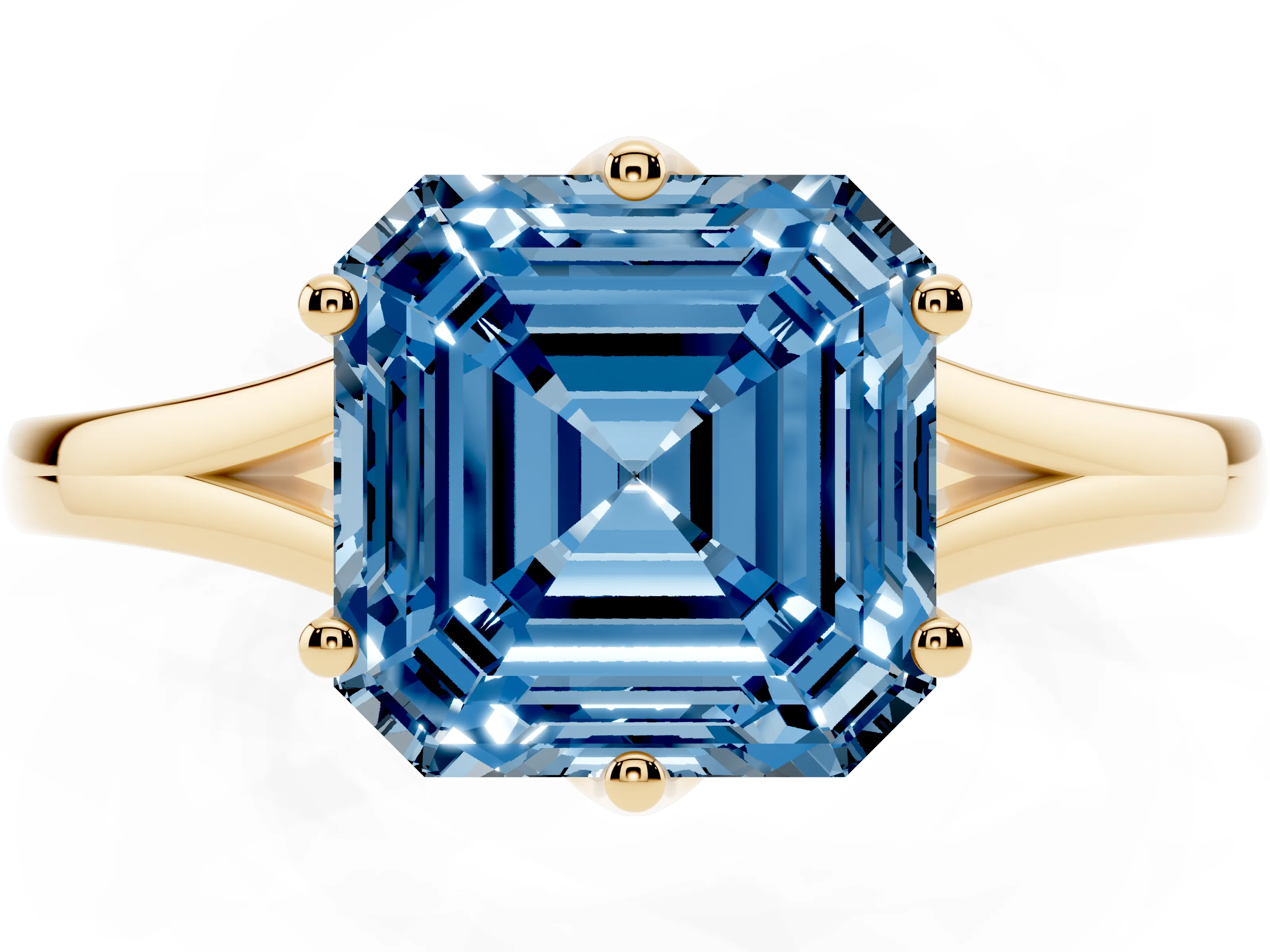 Fancy Blue Asscher Cut Diamond Solitaire Ring Set in Yellow gold with Polished Tapered Band and Prong Setting