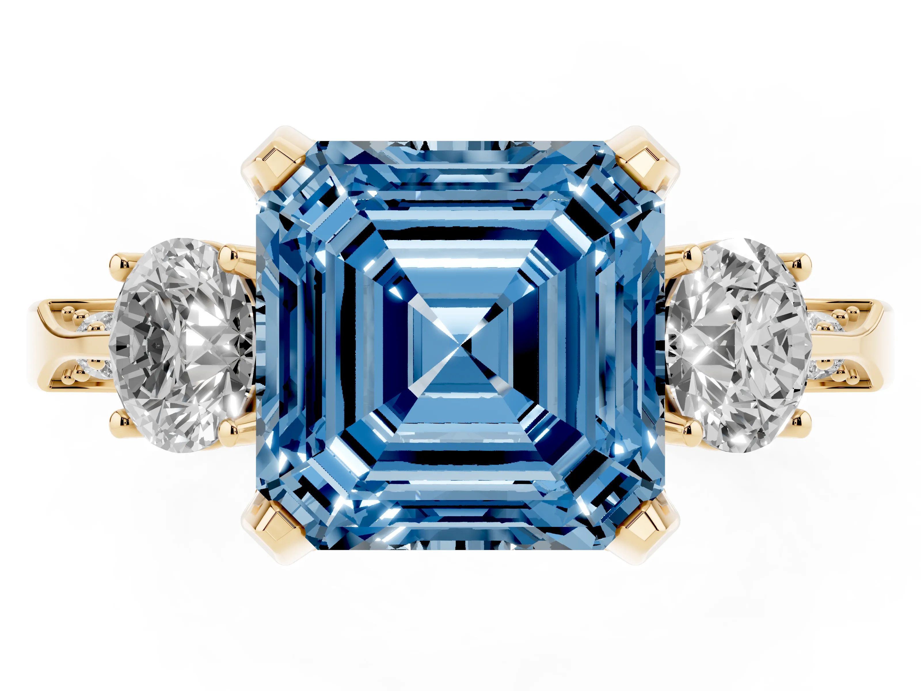 Fancy Blue Asscher Cut Diamond Three-Stone Ring Set in Yellow gold with Pavé Band and Smaller Side Stones
