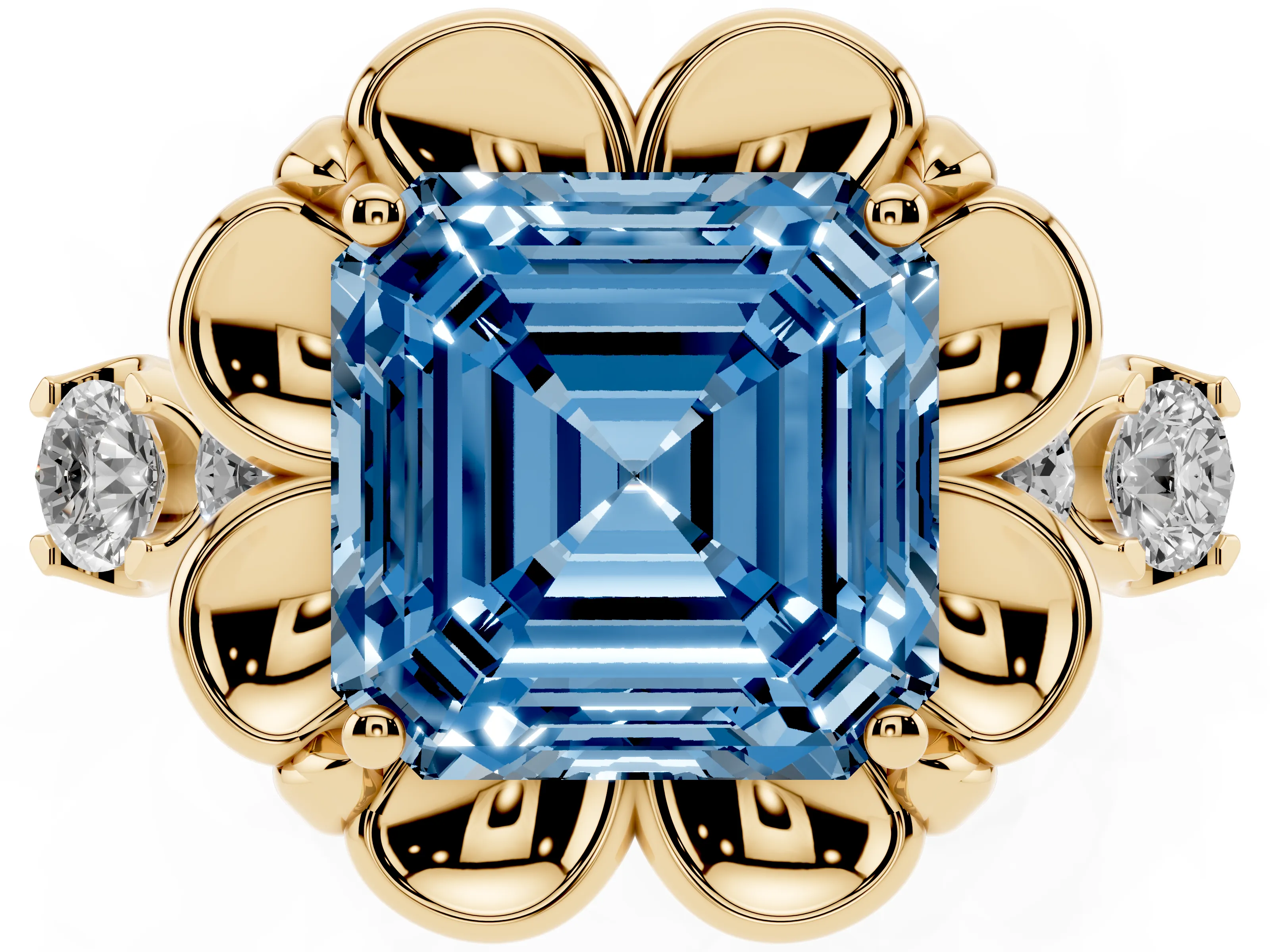 Fancy Blue Asscher Cut Diamond Floral Halo Ring Set in Yellow gold with Shared Prong Band