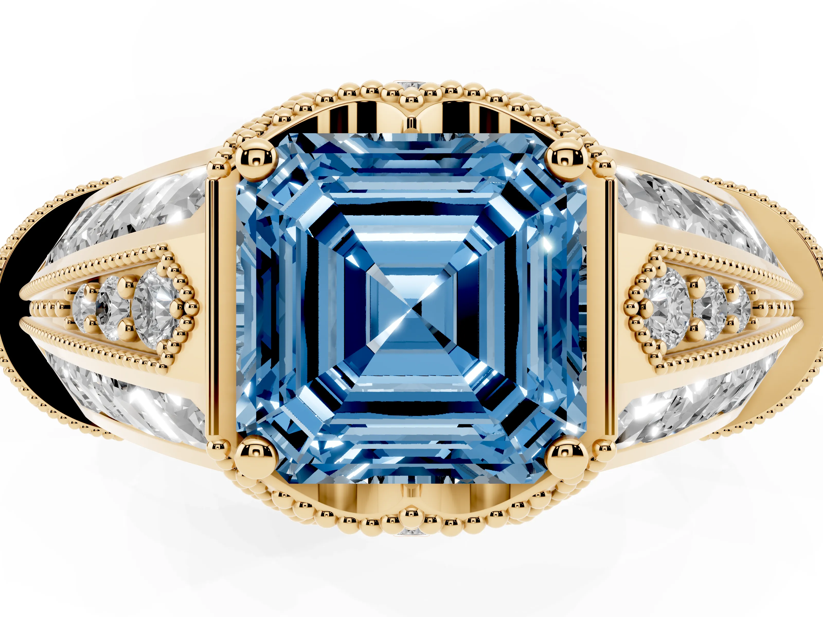 Fancy Blue Asscher Cut Diamond Vintage-Inspired Milgrain Ring Set in Yellow gold with Accent Split Shank