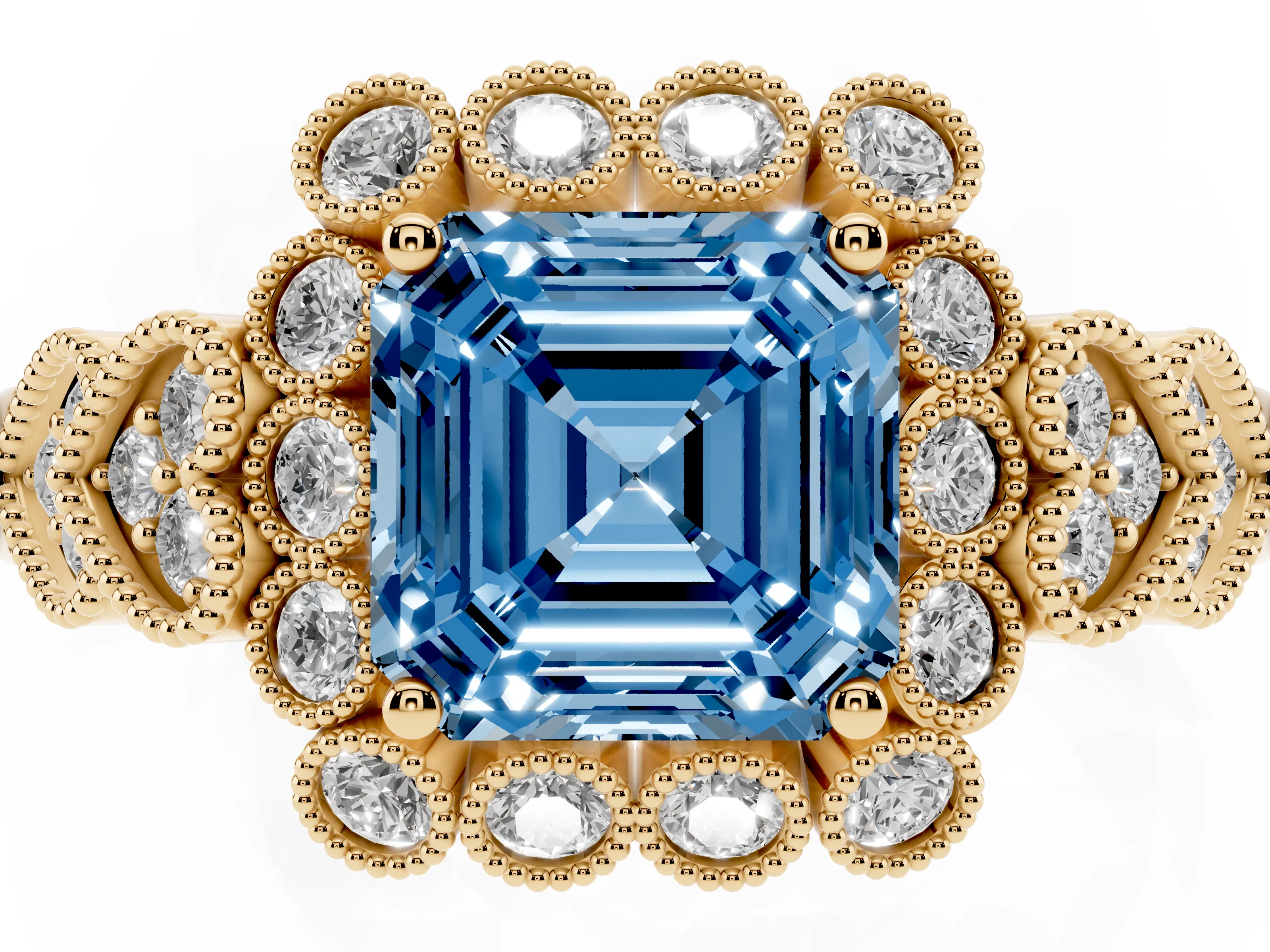 Fancy Blue Asscher Cut Diamond Solitaire Ring Set in Yellow gold with Milgrain Pavé Heart Band