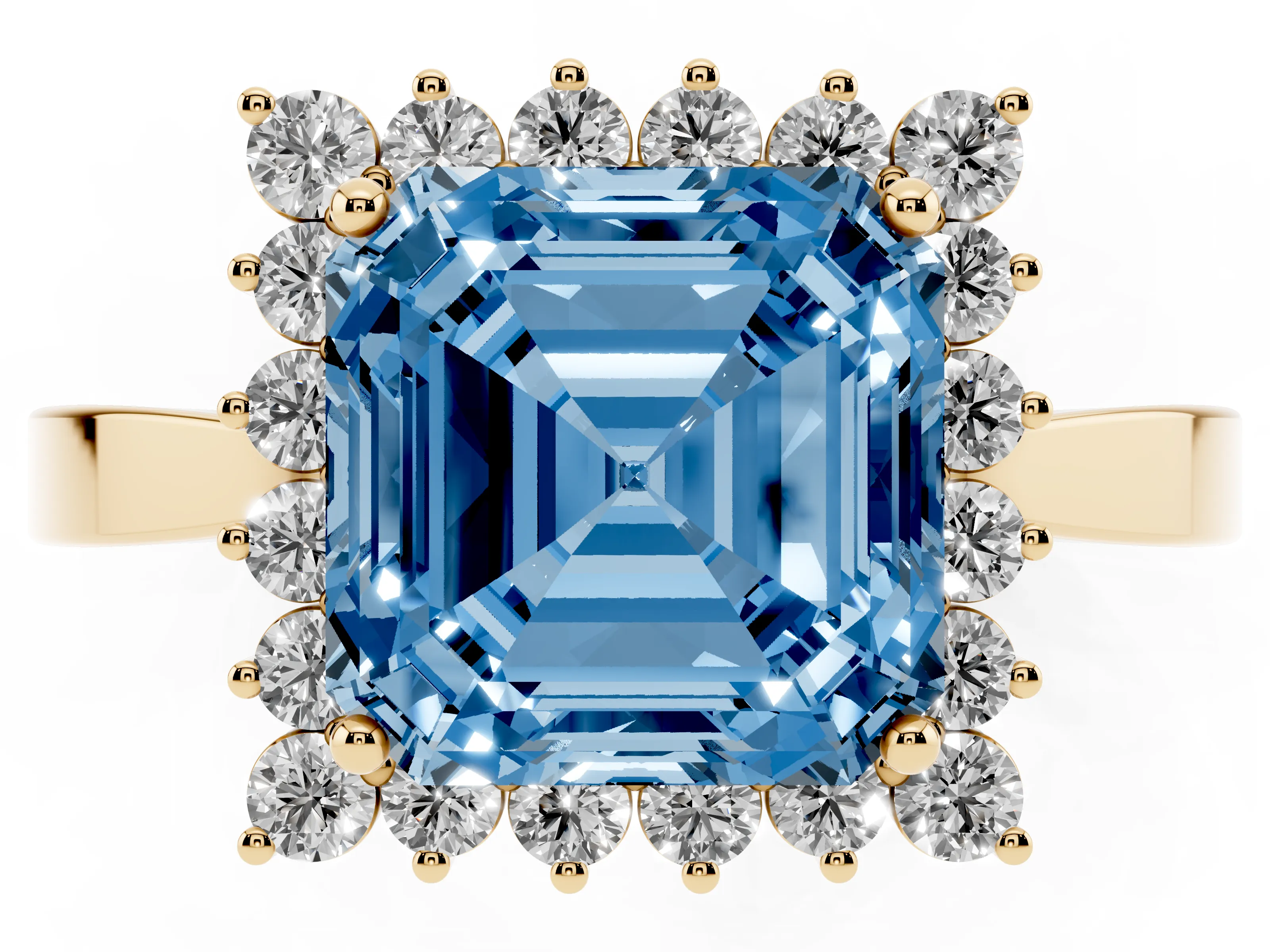 Fancy Blue Asscher Cut Diamond Halo Ring Set in Yellow gold with Round Halo and Smooth Solitaire Band