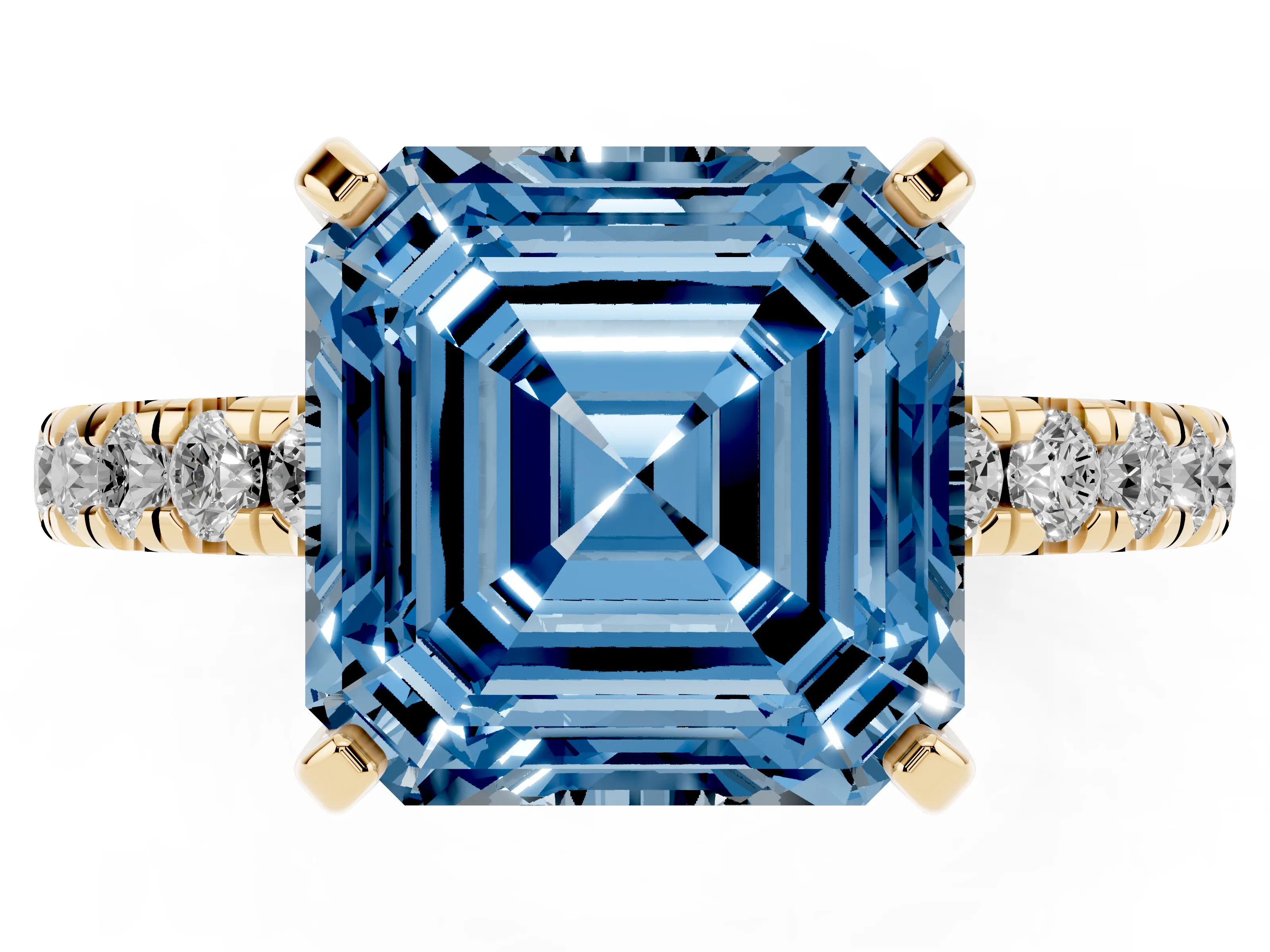Fancy Blue Asscher Cut Diamond Pavé Solitaire Ring Set in Yellow gold with Round Band and Prong Setting