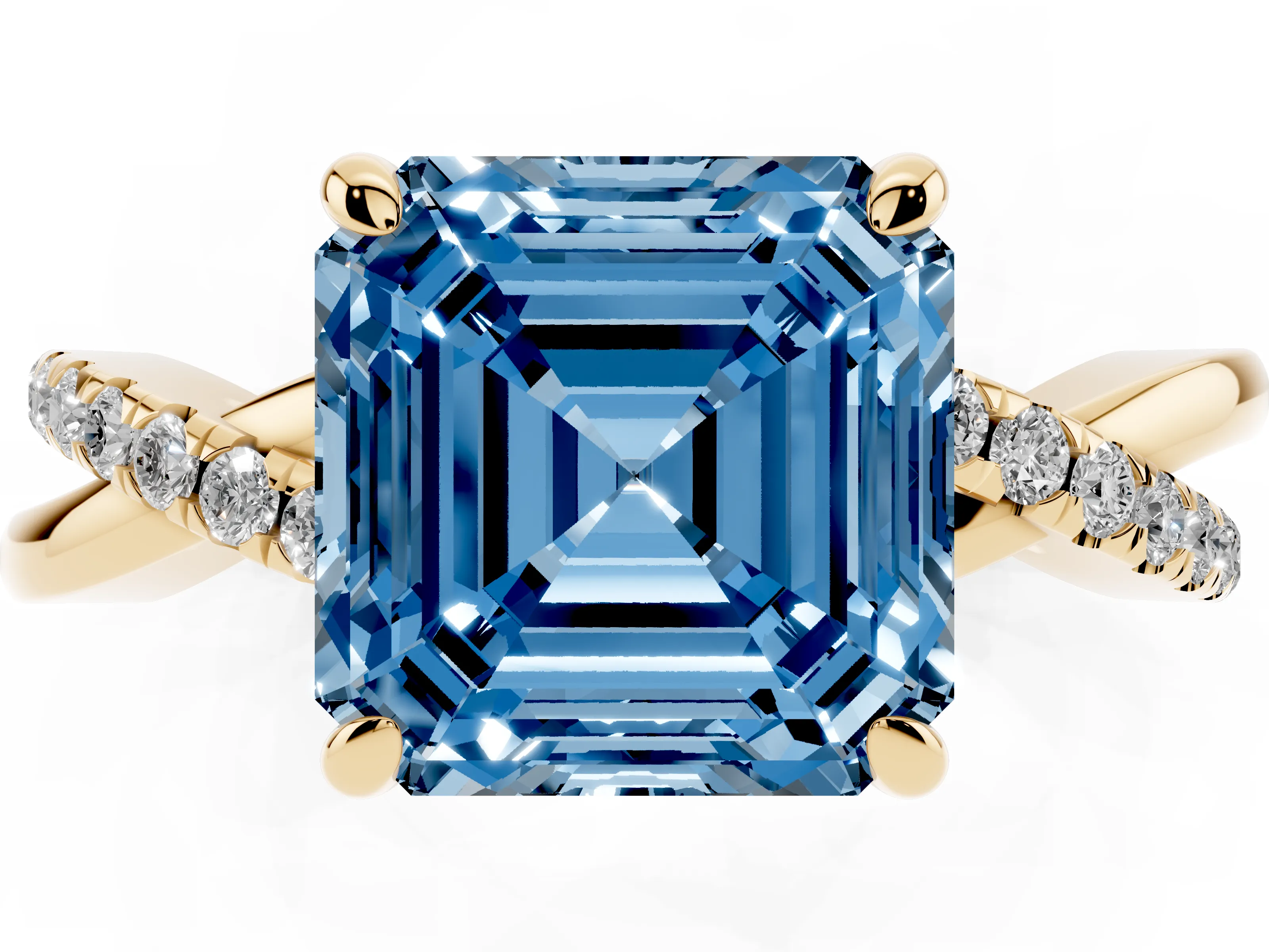 Fancy Blue Asscher Cut Diamond Twist Band Pavé Solitaire Ring Set in Yellow gold with Prong Setting