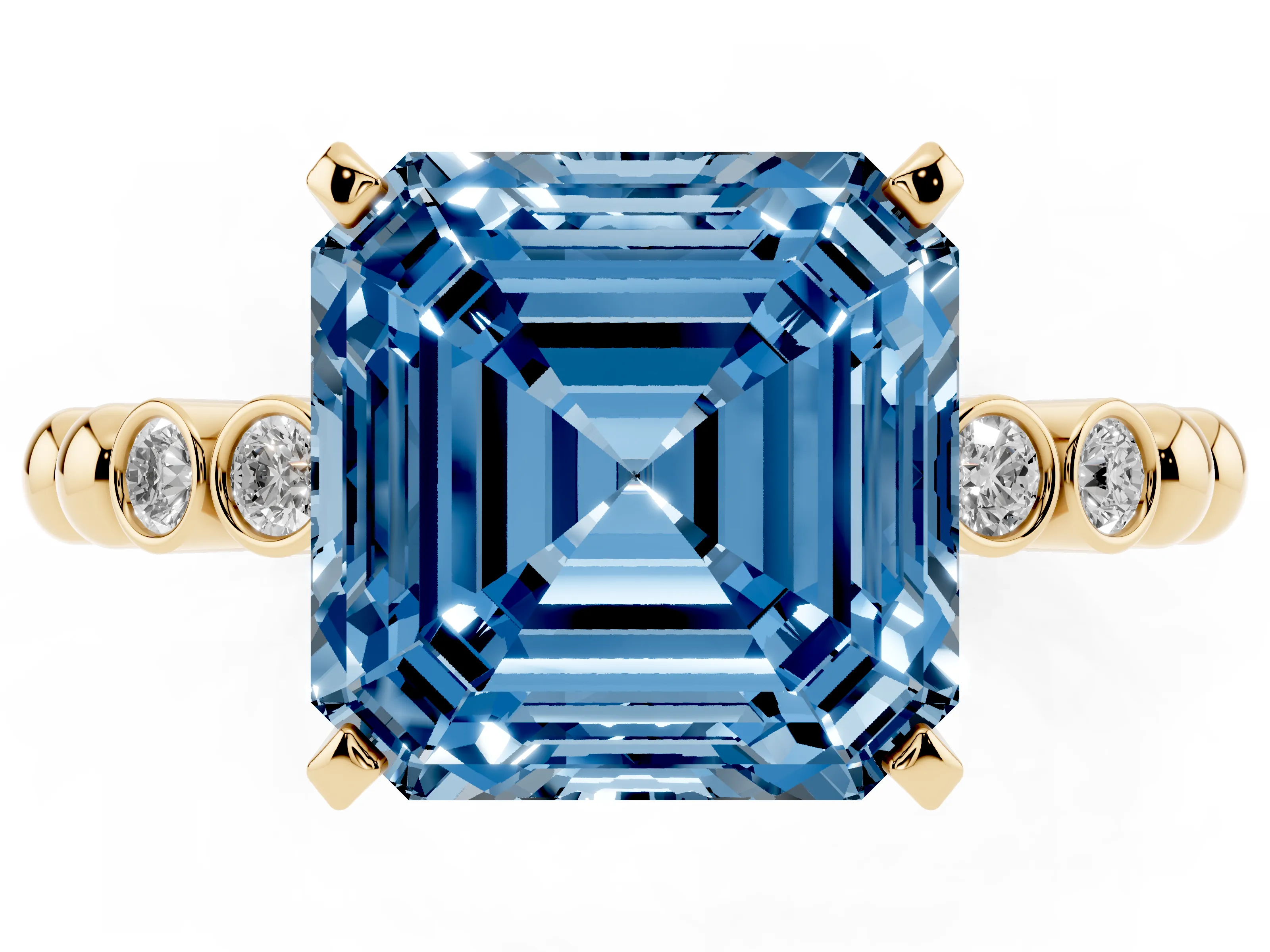 Fancy Blue Asscher Cut Diamond Solitaire Engagement Ring Set in Yellow gold with Bezel Accents on Beaded Band