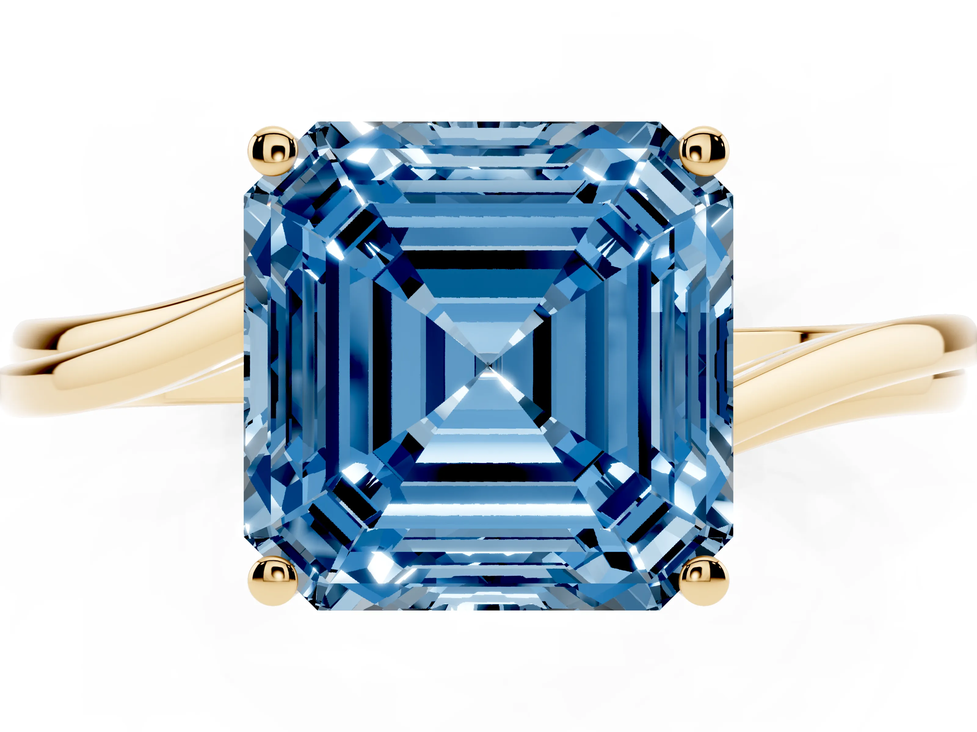 Fancy Blue Asscher Cut Diamond Solitaire Twist Band Ring Set in Yellow gold with Prong Setting