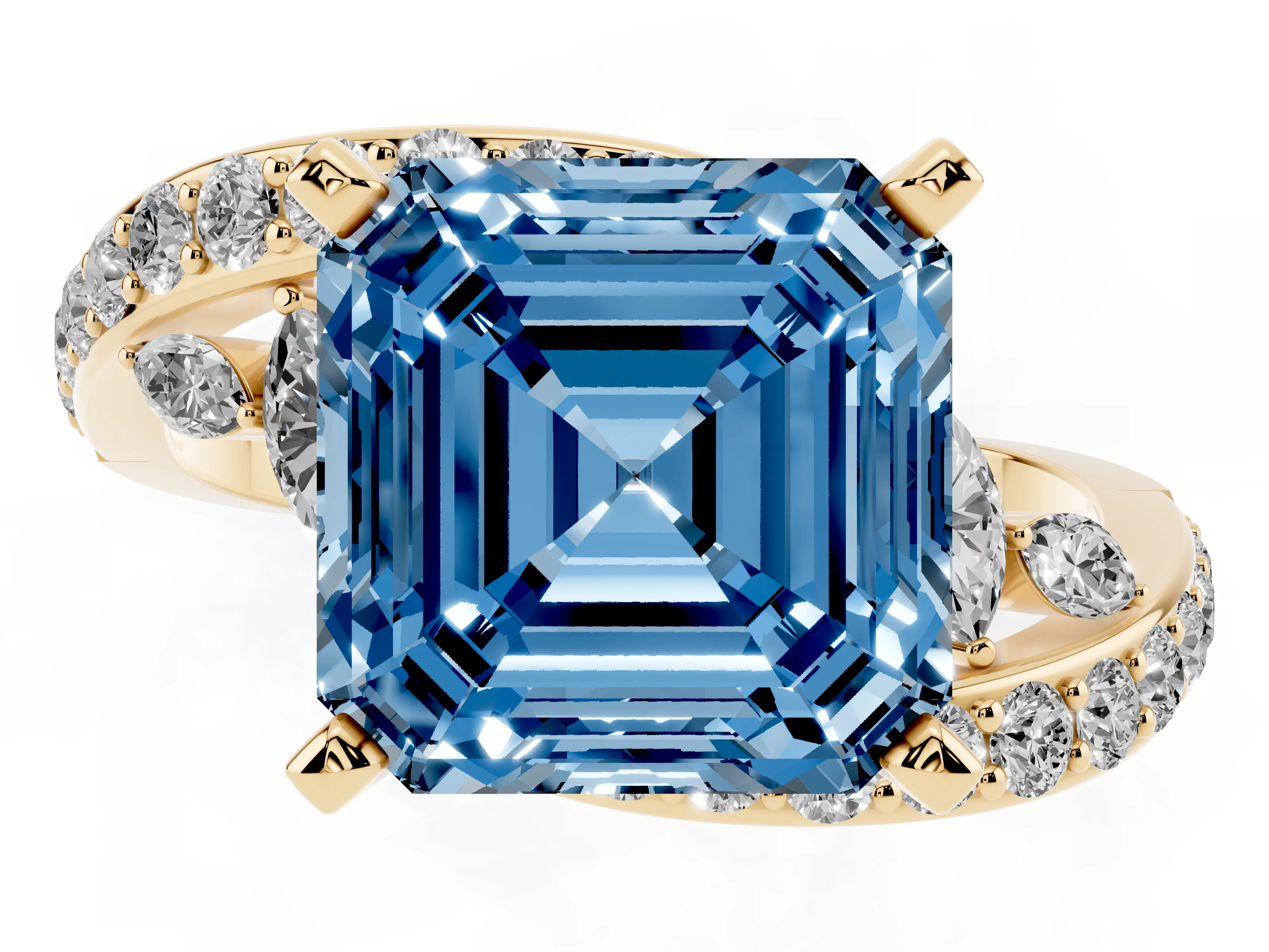 Fancy Blue Asscher Cut Diamond Solitaire Ring Set in Yellow gold with Pavé Twist Band and Secure Prong Setting
