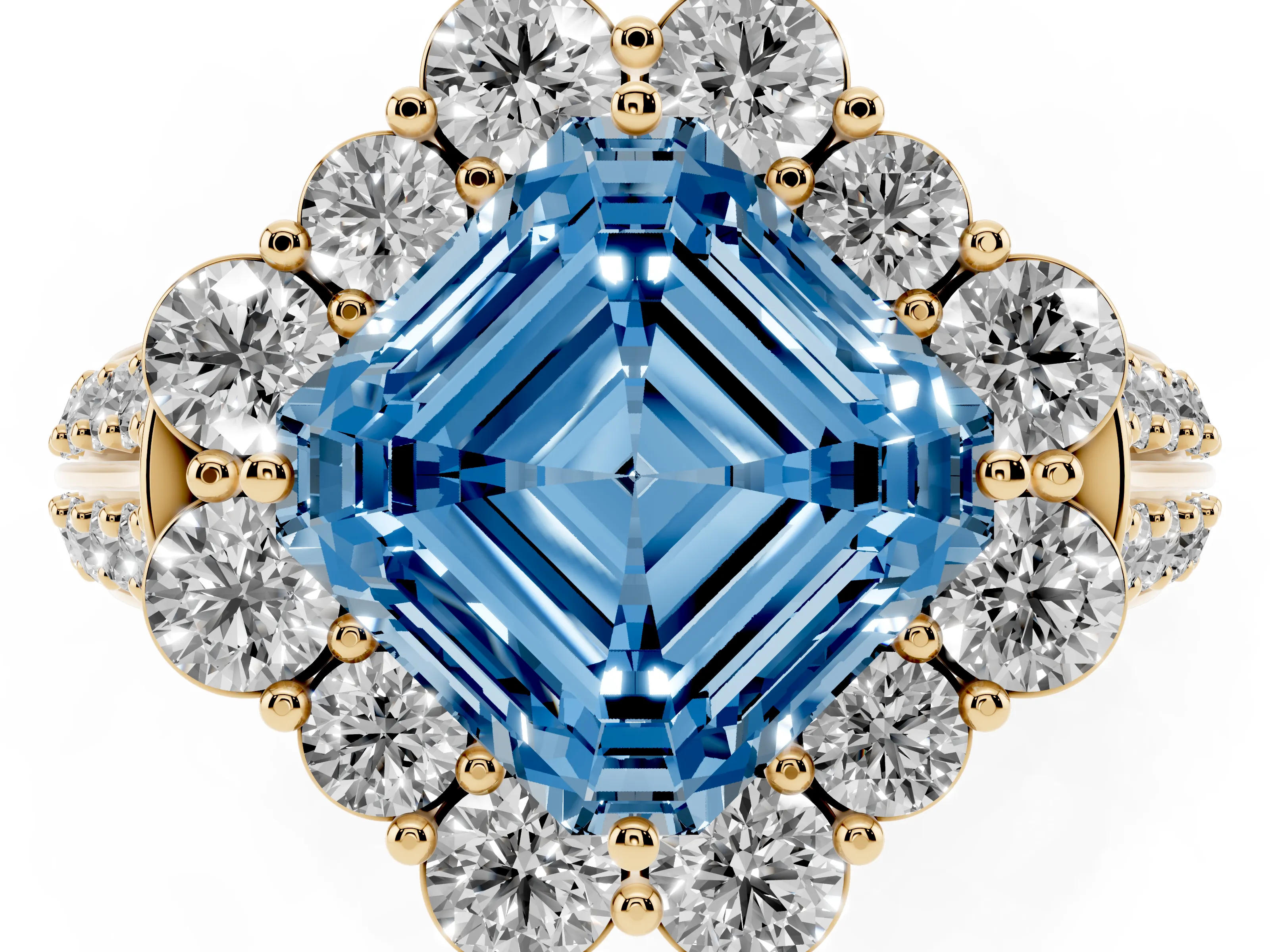 Fancy Blue Asscher Cut Diamond Halo Engagement Ring Set in Yellow gold with Split Shank and Prong Setting
