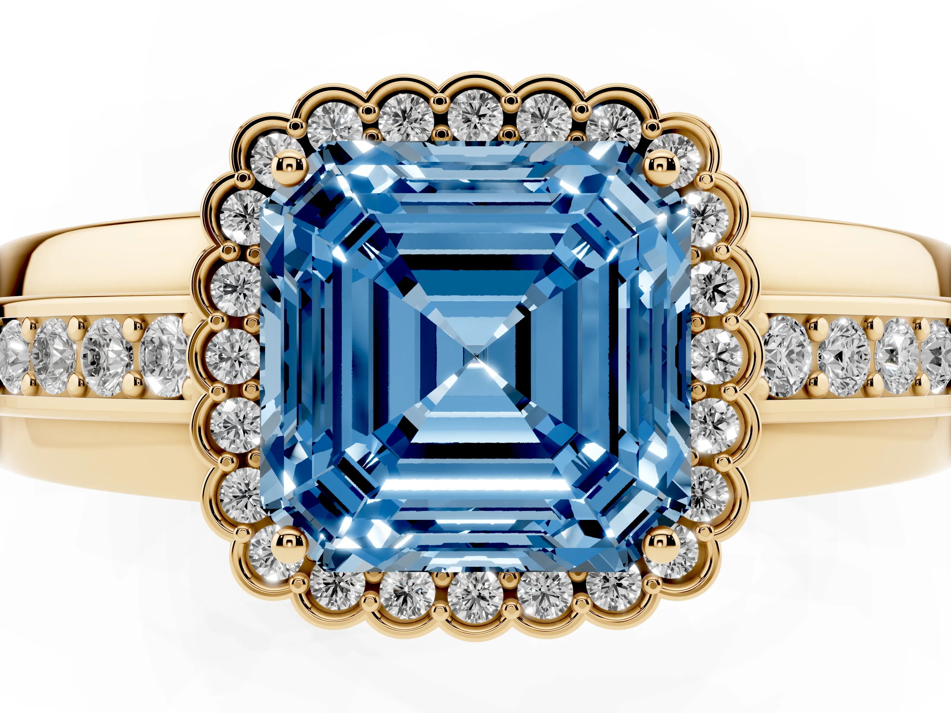 Fancy Blue Asscher Cut Diamond Halo Prong Ring Set in Yellow gold with Pavé Band
