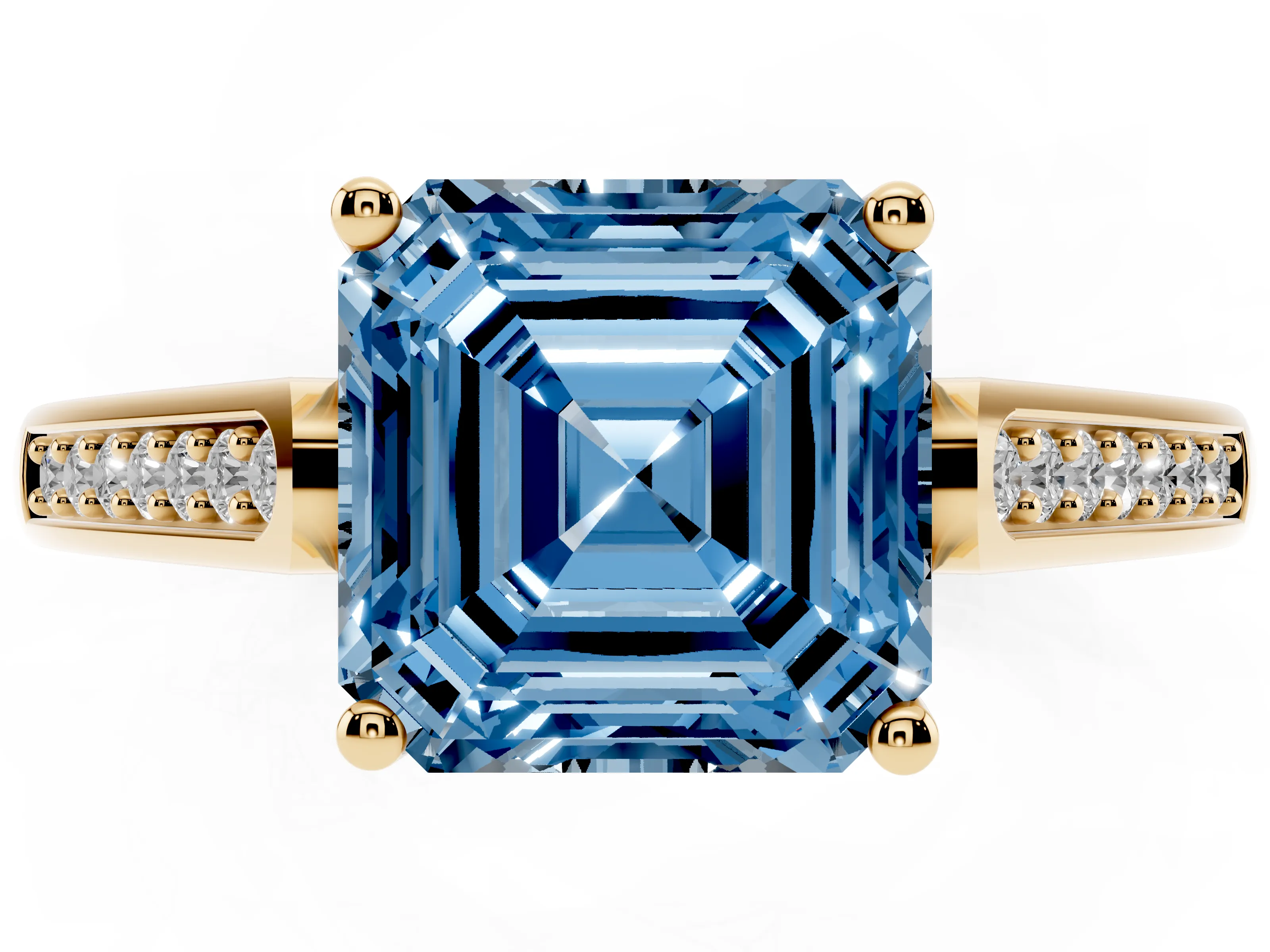 Fancy Blue Asscher Cut Diamond Solitaire Cathedral Engagement Ring Set in Yellow gold with Channel-Set Band and Prong Setting
