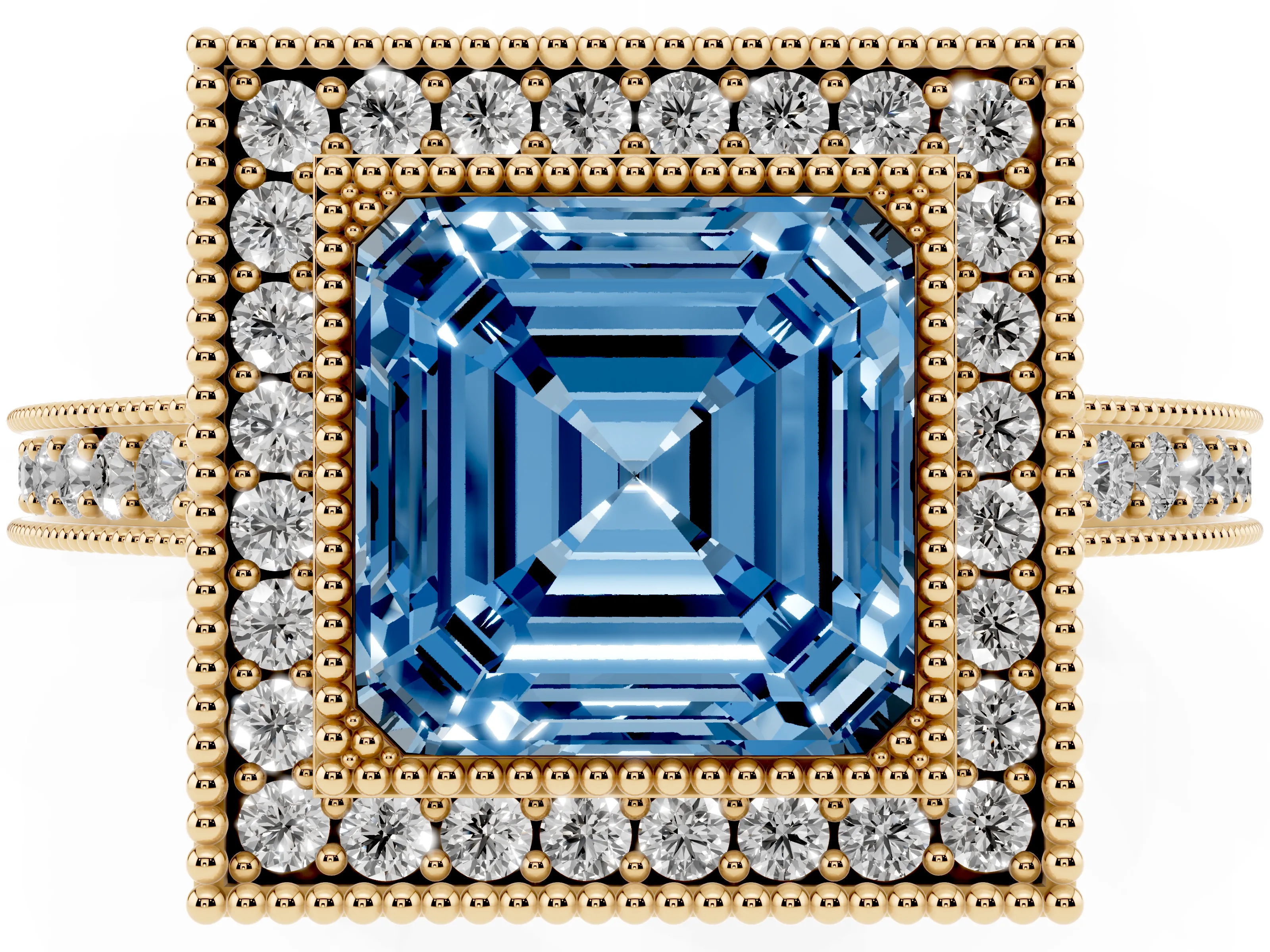 Fancy Blue Asscher Cut Diamond Round Halo Ring Set in Yellow gold with Pavé Band