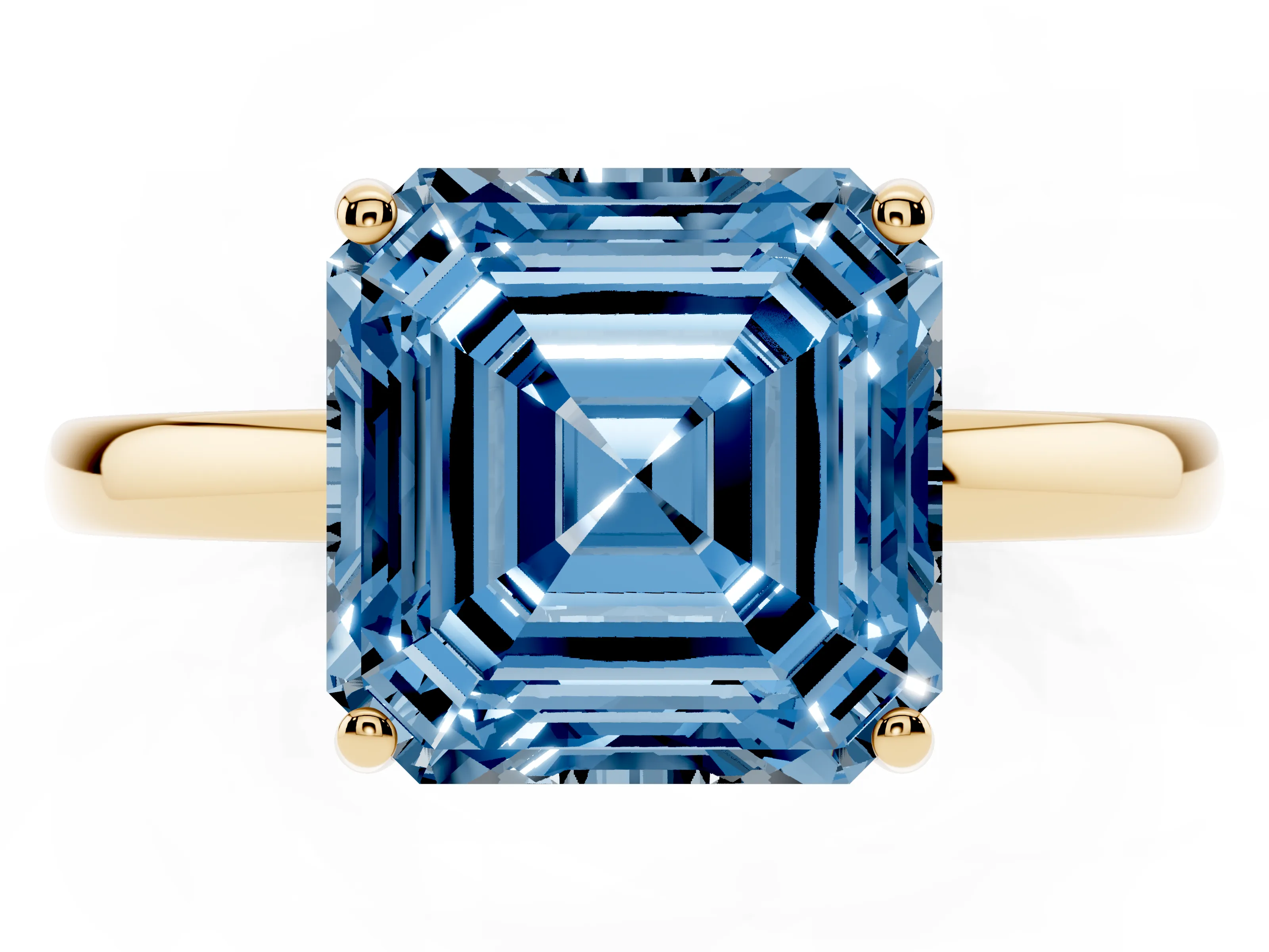 Fancy Blue Asscher Cut Diamond Solitaire Ring Set in Yellow gold with Plain Band and Prong Setting