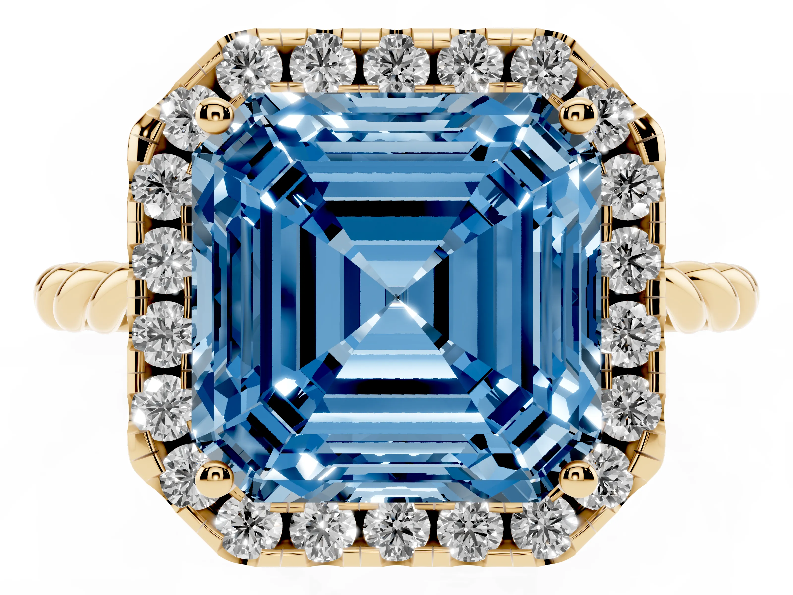 Fancy Blue Asscher Cut Diamond Halo Ring Set in Yellow gold with Plain Twisted Band