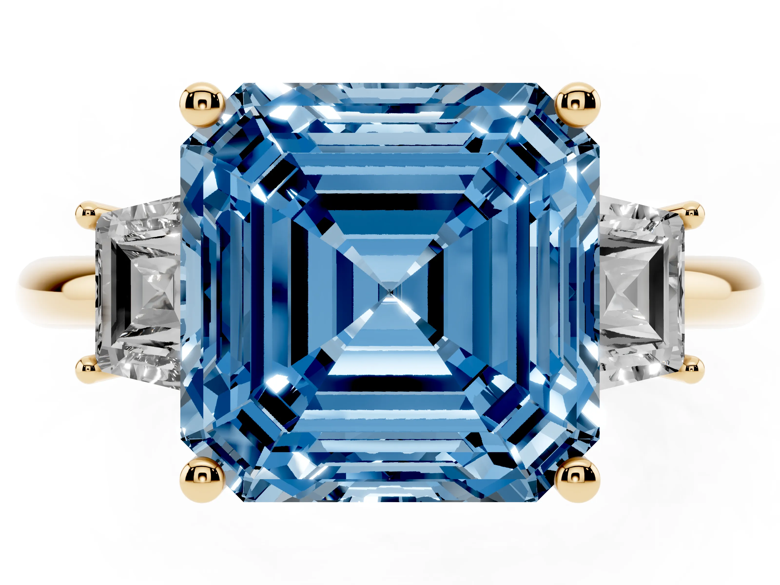 Fancy Blue Asscher Cut Diamond Three-Stone Ring Set in Yellow gold with Trapezoid Side Stones and Prong Setting