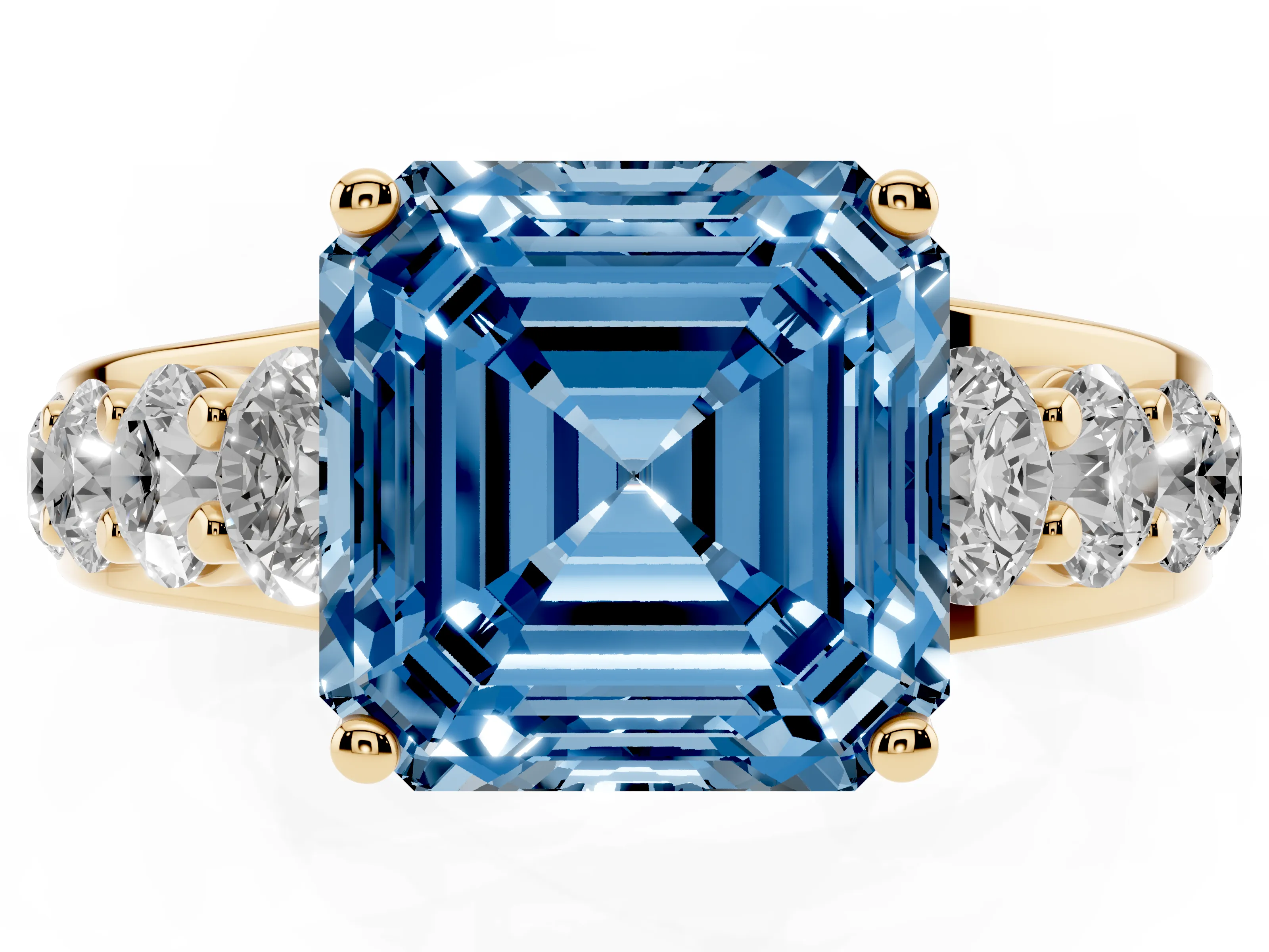 Fancy Blue Asscher Cut Diamond Pavé Engagement Ring Set in Yellow gold with Prong Setting
