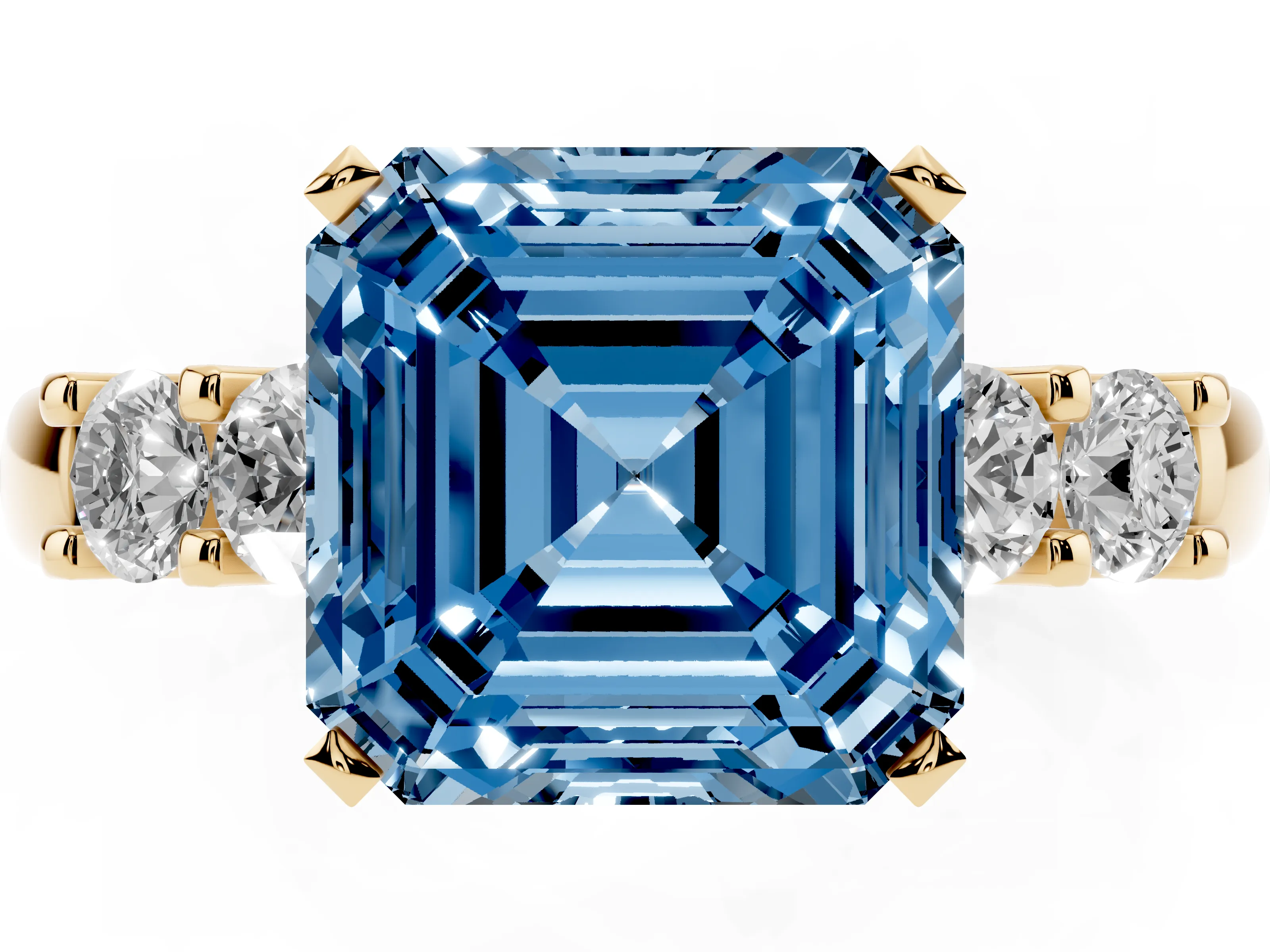 Fancy Blue Asscher Cut Diamond Five-Stone Prong Set Engagement Ring Set in Yellow gold with Channel Band