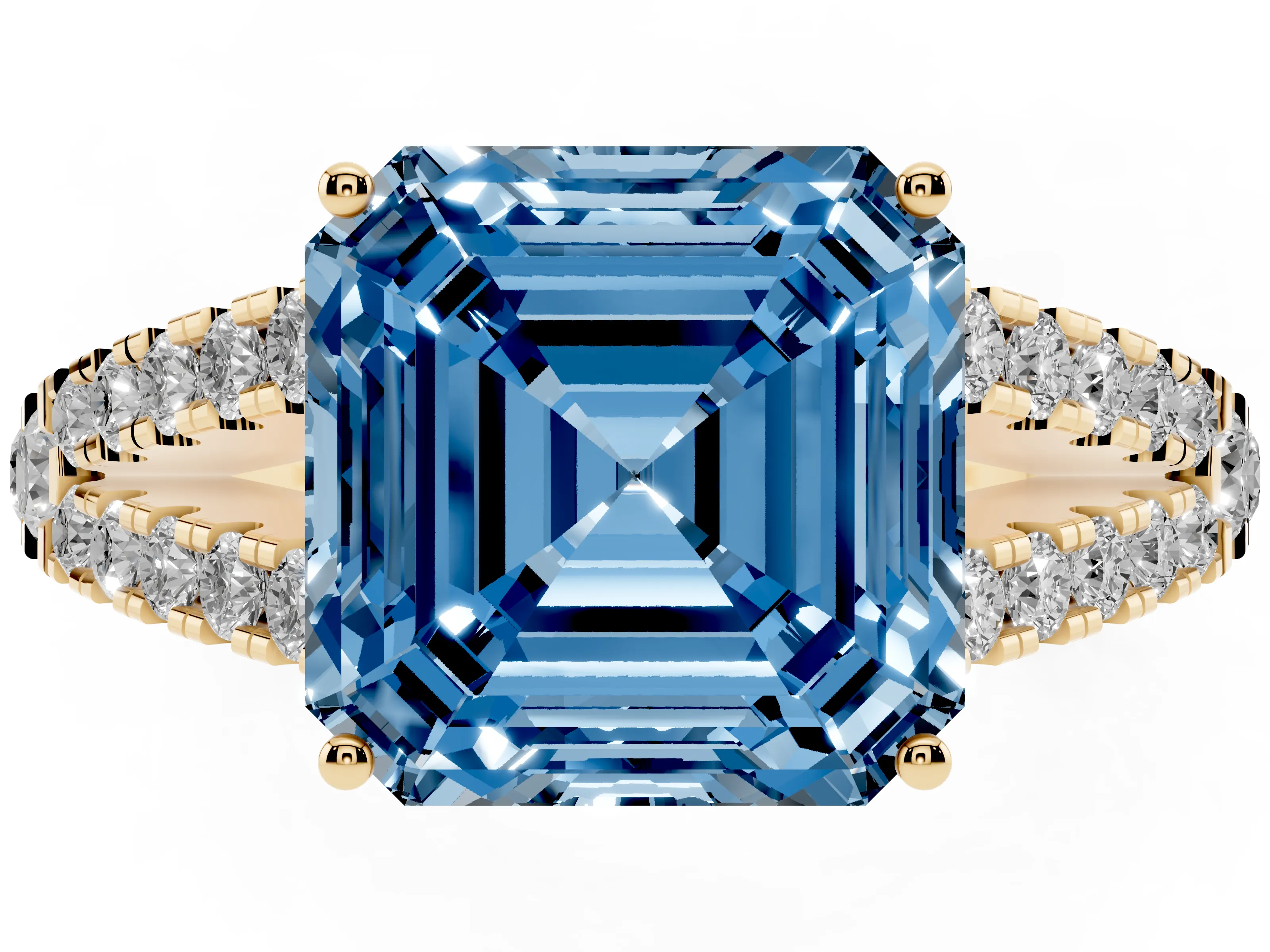 Fancy Blue Asscher Cut Diamond Split Shank Engagement Ring Set in Yellow gold with Round Pavé and Prong Setting