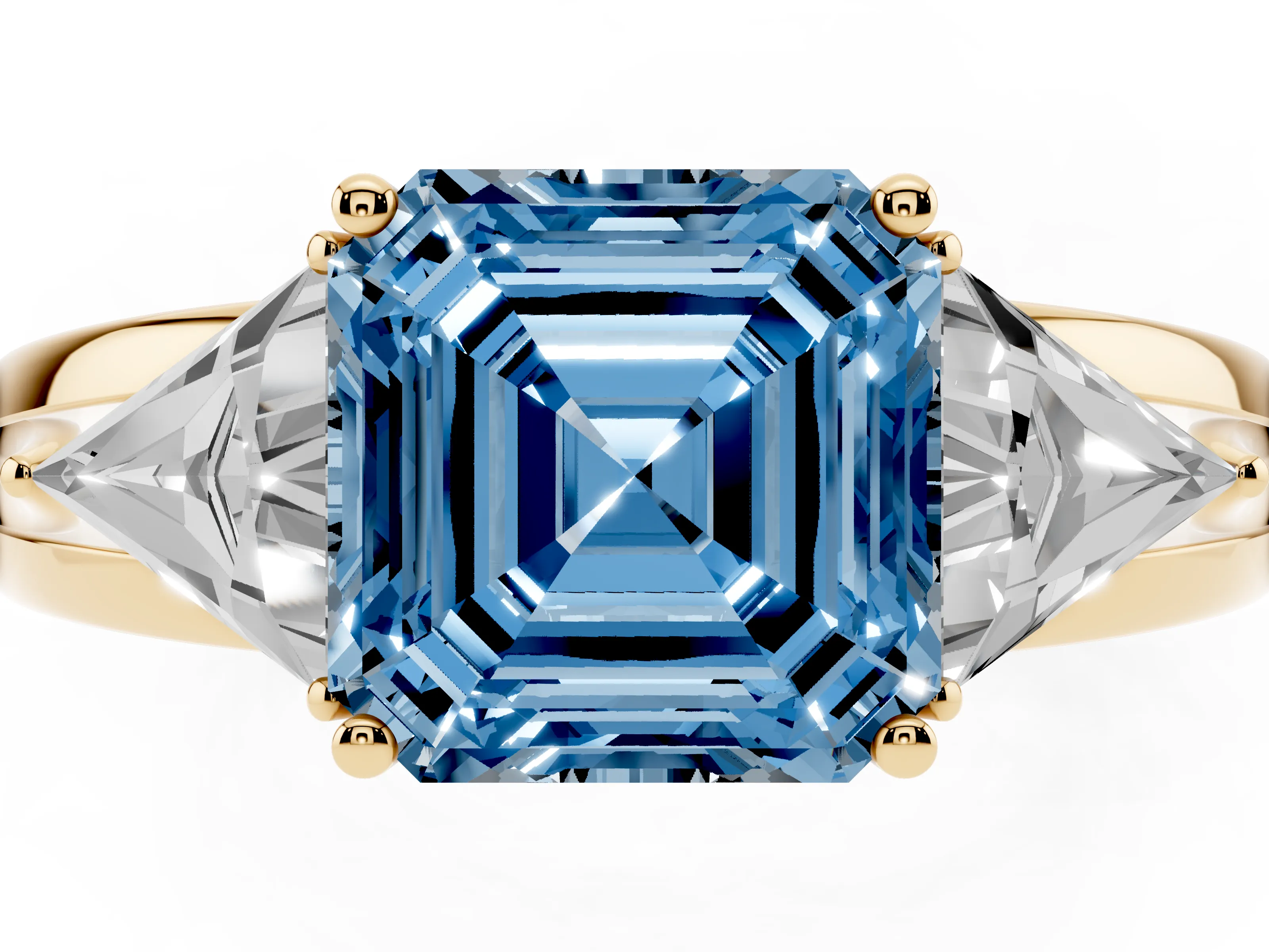 Fancy Blue Asscher Cut Diamond Three-Stone Ring Set in Yellow gold with Trillion Side Stones and Split Shank