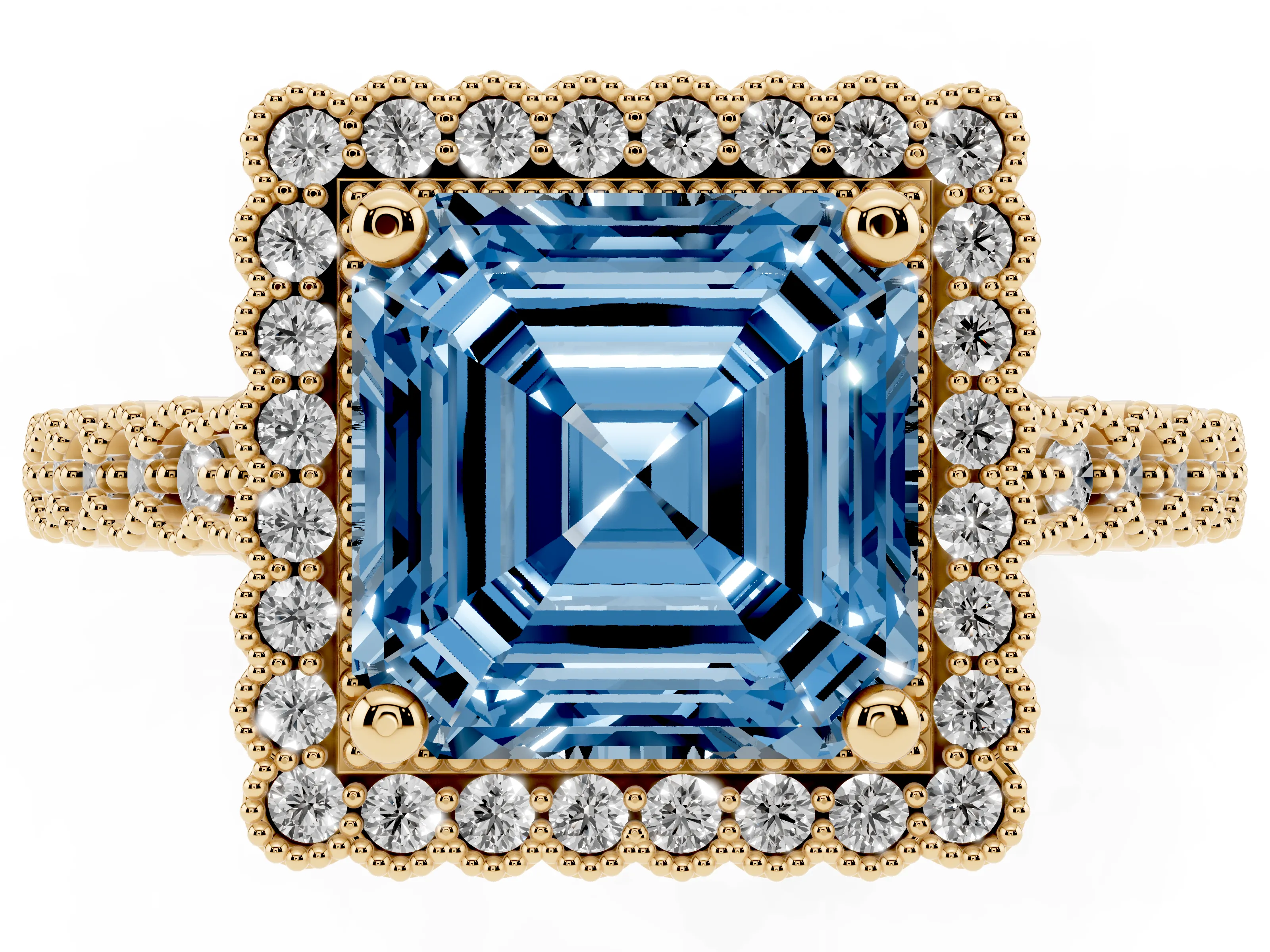 Fancy Blue Asscher Cut Diamond Halo Ring Set in Yellow gold with Pavé Milgrain Band