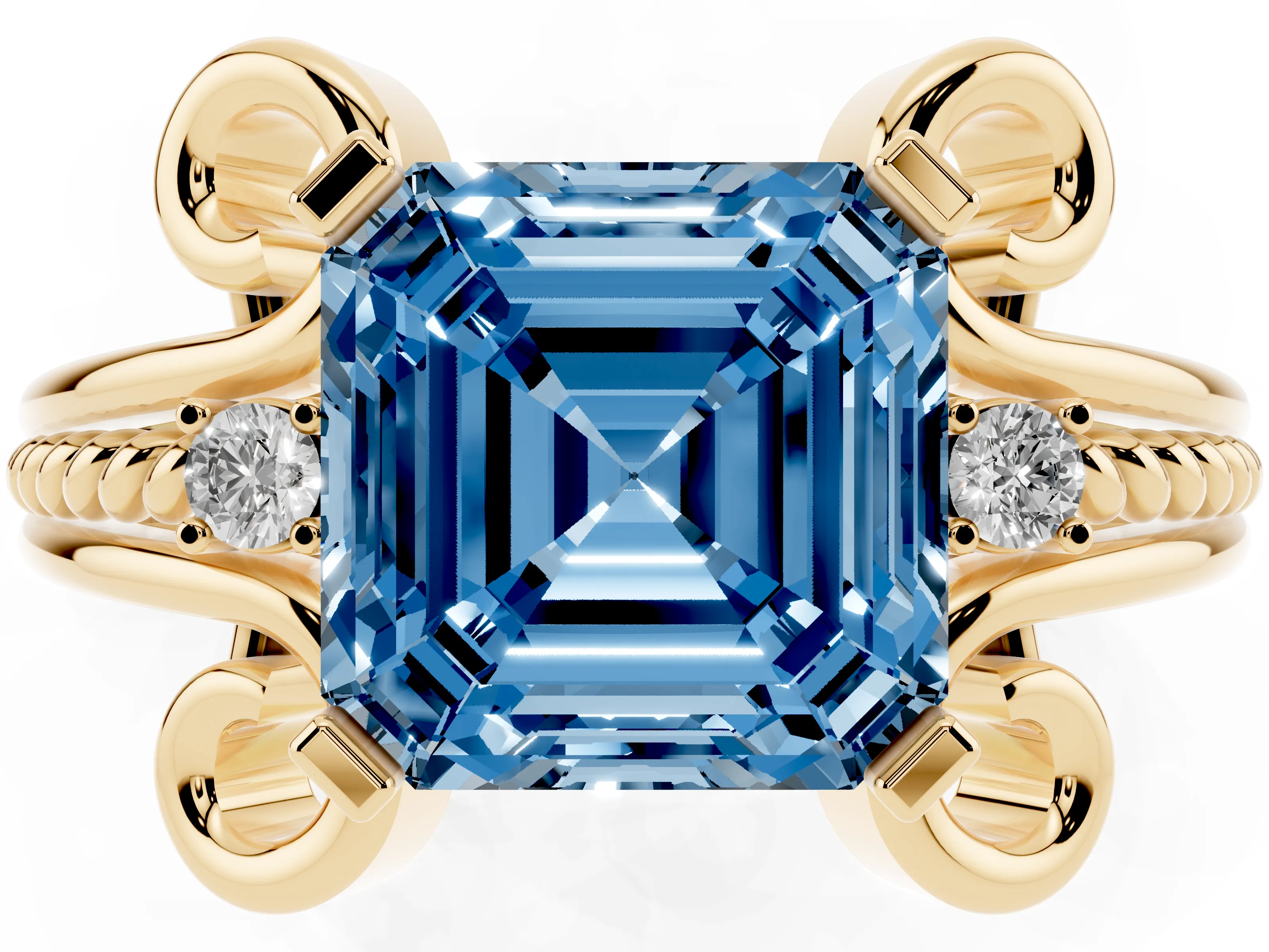 Fancy Blue Asscher Cut Diamond Twisted Band Solitaire Ring Set in Yellow gold with Scroll Prongs