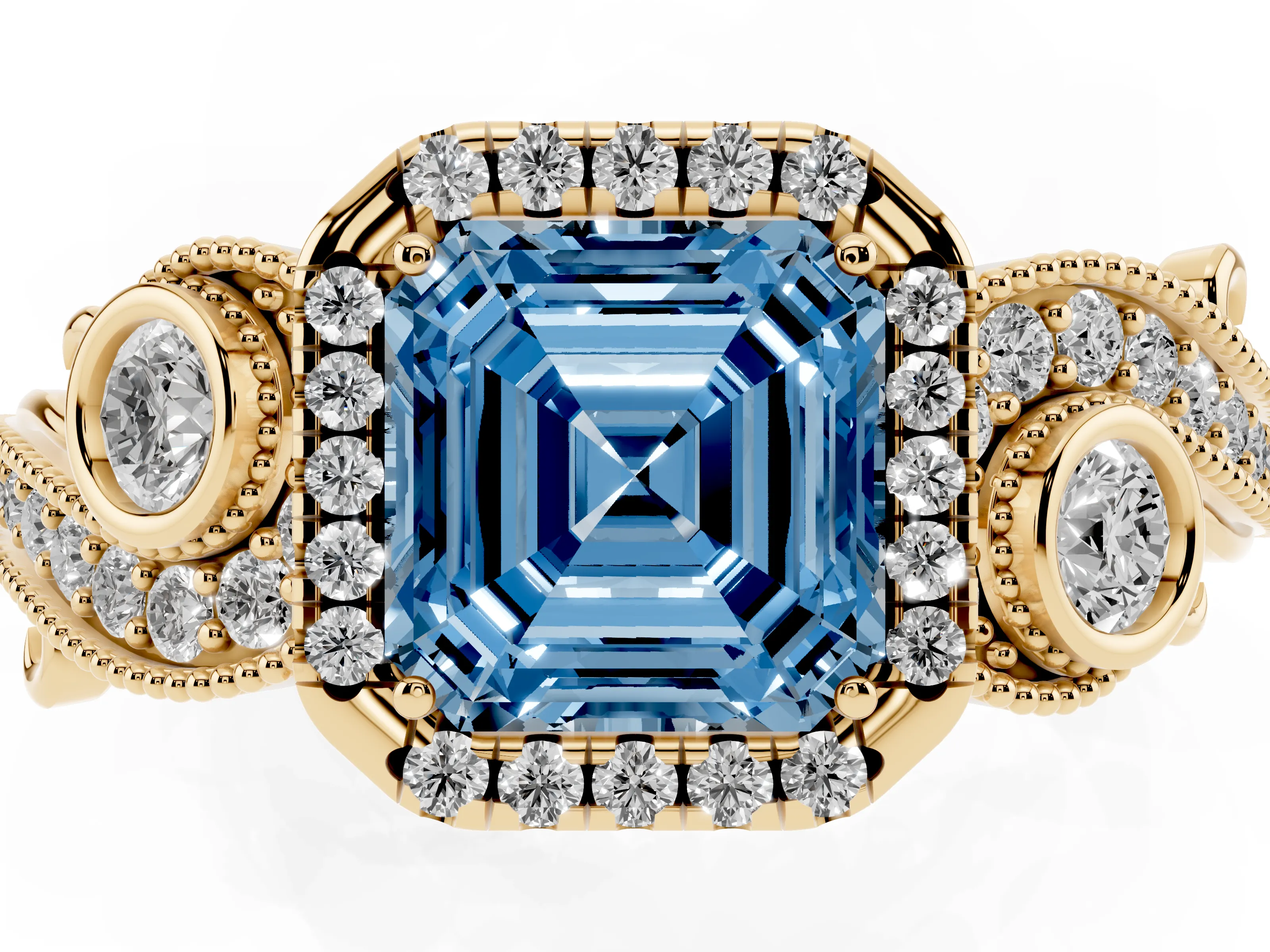 Fancy Blue Asscher Cut Diamond Halo Ring Set in Yellow gold with Milgrain Pavé Band and Prong Setting