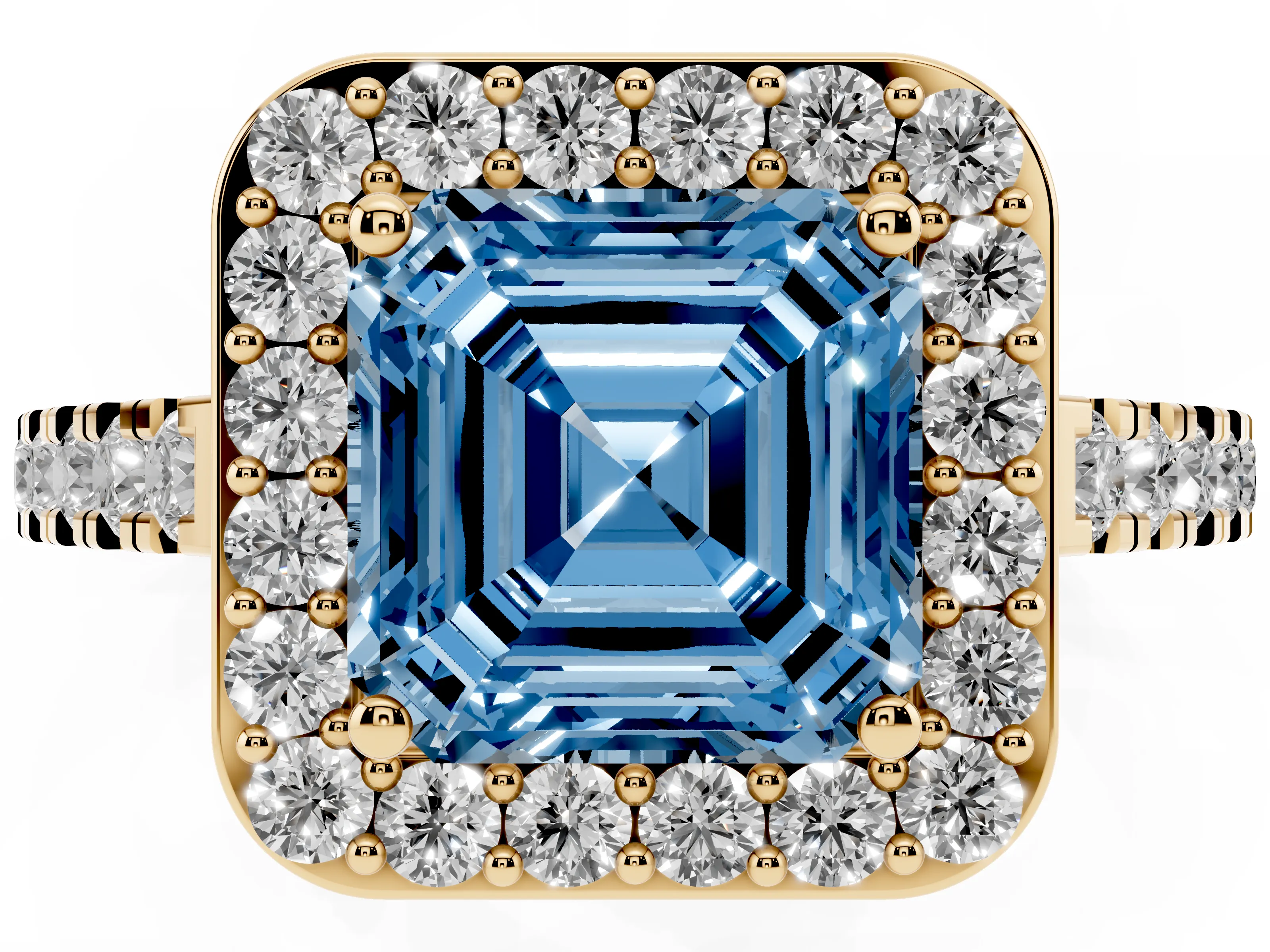 Fancy Blue Asscher Cut Diamond Halo Ring Set in Yellow gold with Round Pavé Split Shank and Prong Setting