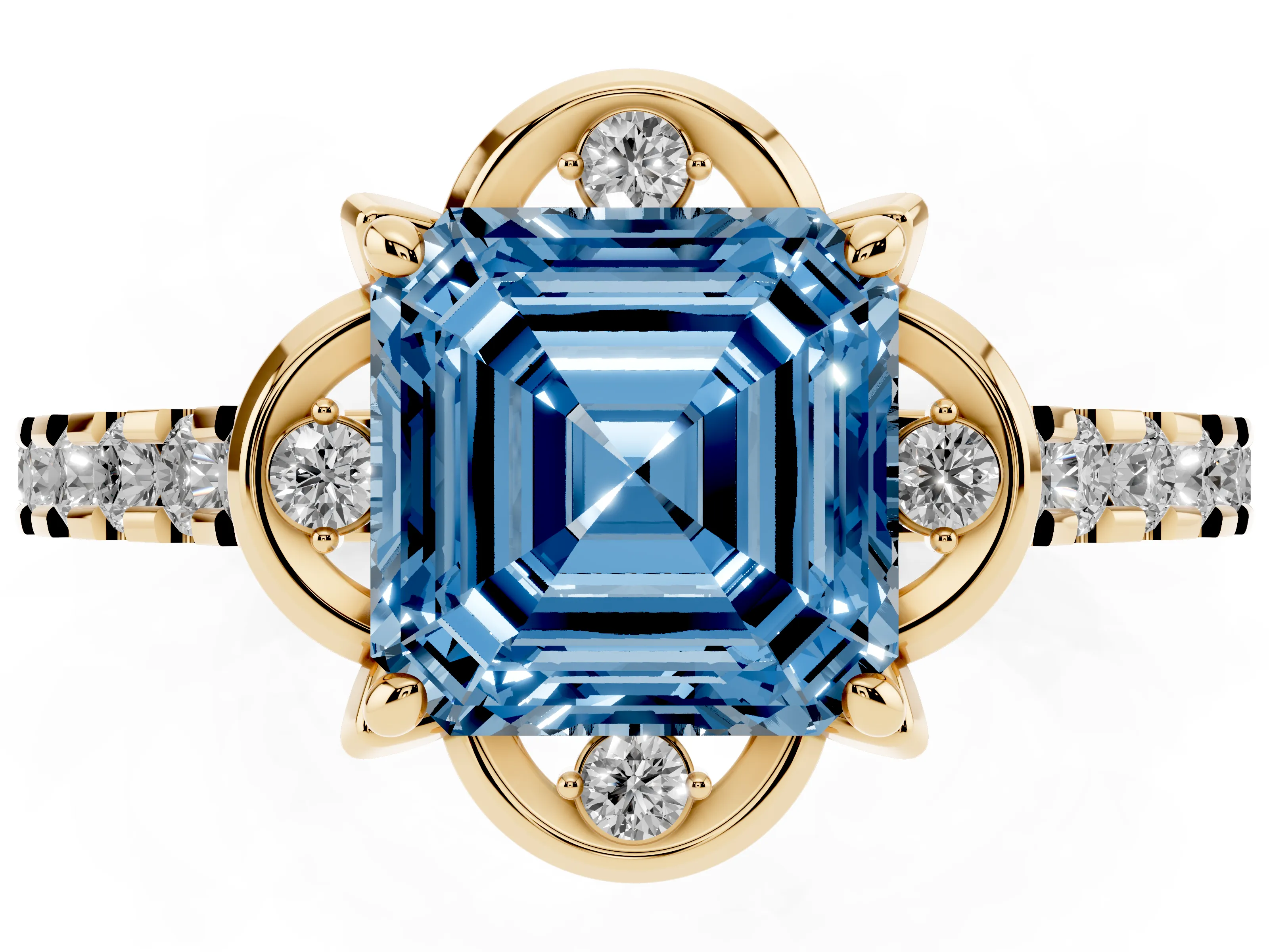 Fancy Blue Asscher Cut Diamond Solitaire Ring Set in Yellow gold with Pavé Band and Floral Prong Setting