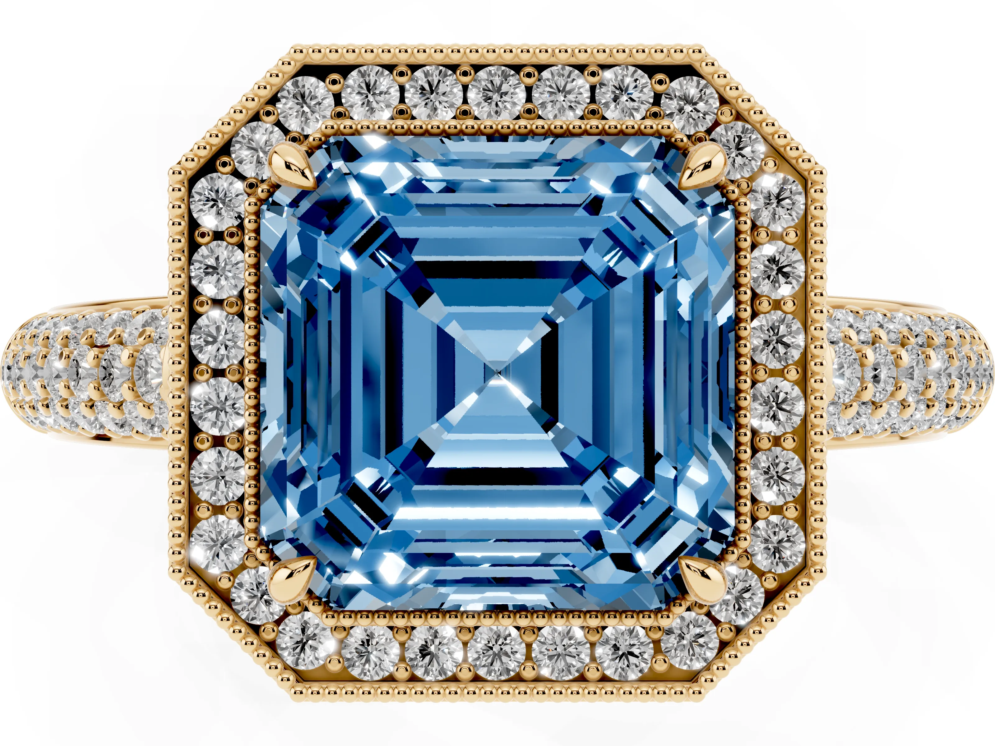 Fancy Blue Asscher Cut Diamond Halo Pavé Band Set in Yellow gold with Prong Setting