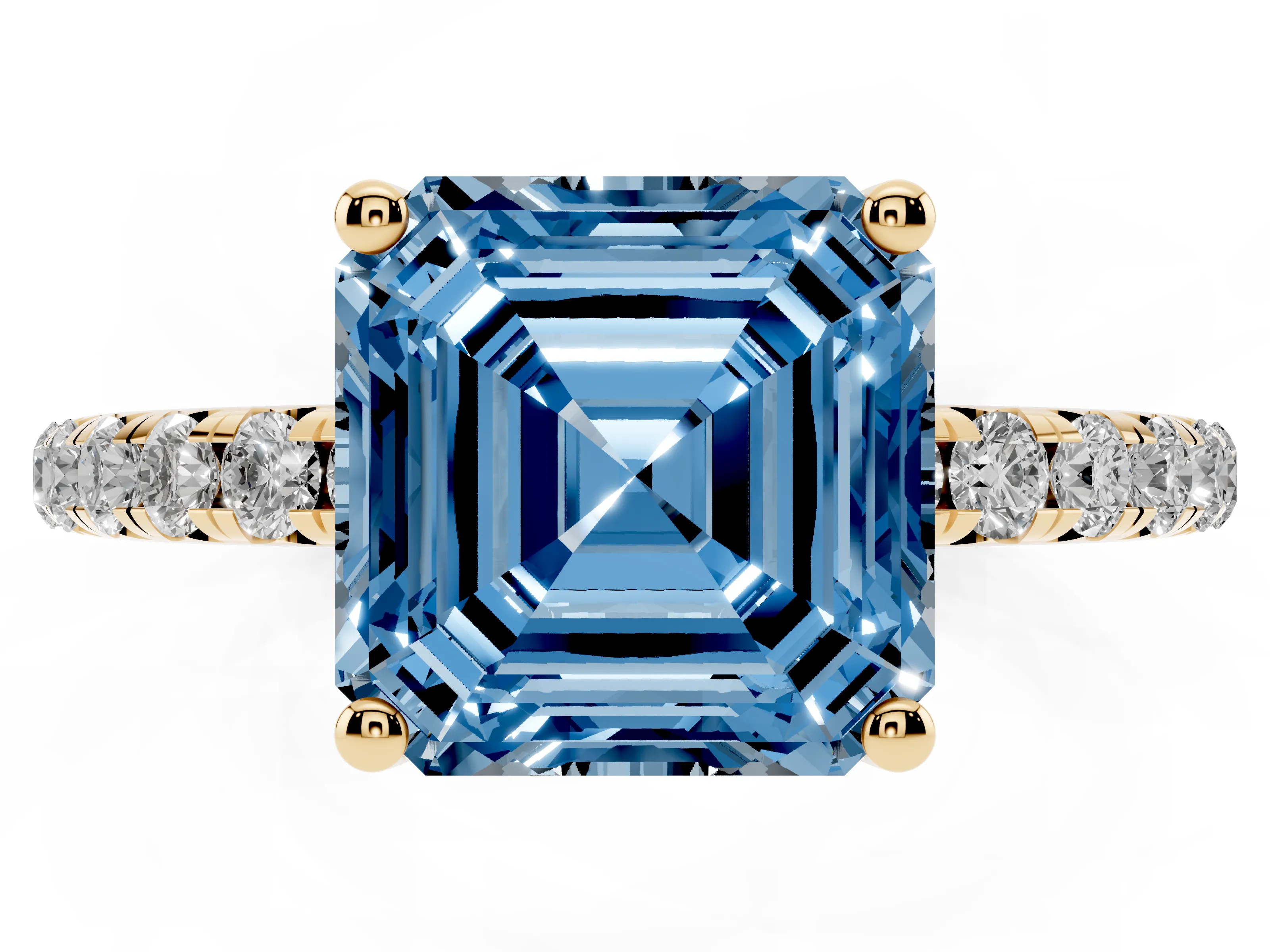Fancy Blue Asscher Cut Diamond Solitaire Ring Set in Yellow gold with Micro Pavé Band and Prong Setting