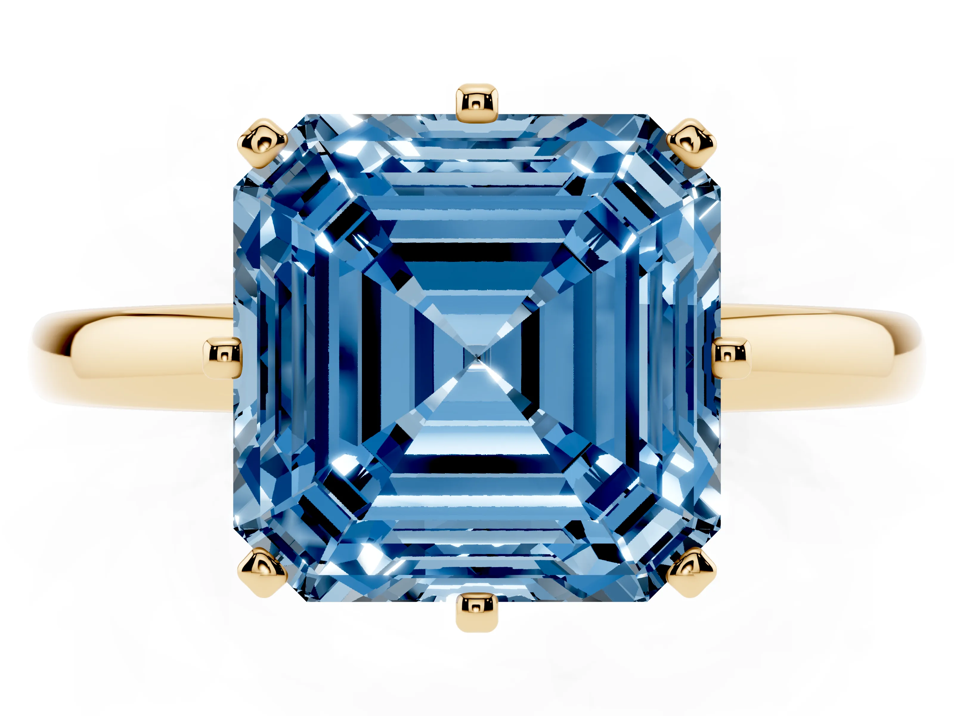 Fancy Blue Asscher Cut Diamond Solitaire Ring Set in Yellow gold with Raised Prong Setting on a Classic Band