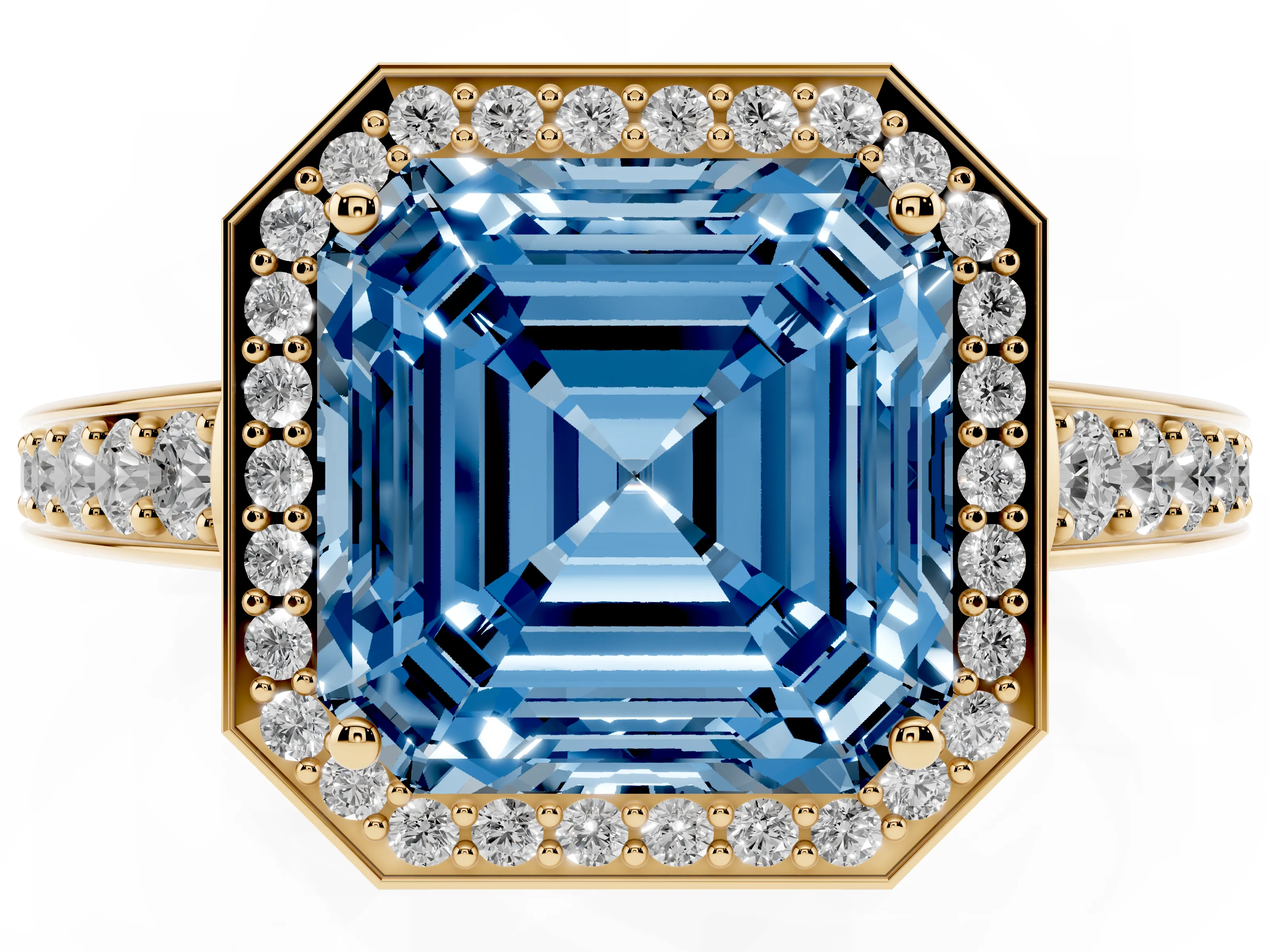 Fancy Blue Asscher Cut Diamond Halo Pavé Engagement Ring Set in Yellow gold with Bezel Setting