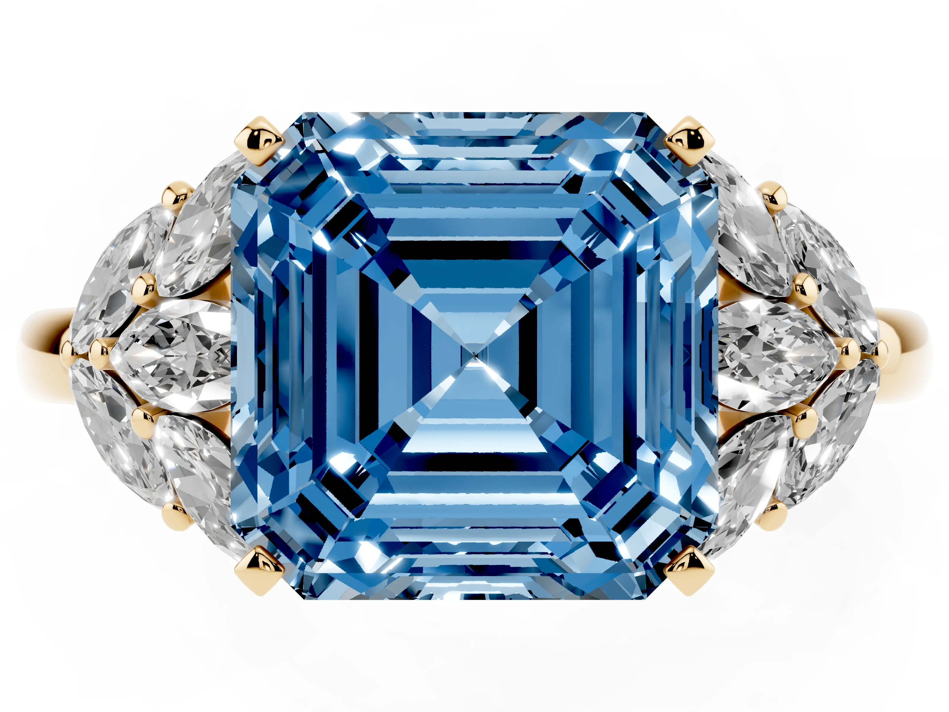 Fancy Blue Asscher Cut Diamond Cluster Leaf Design Ring Set in Yellow gold with Prong Setting