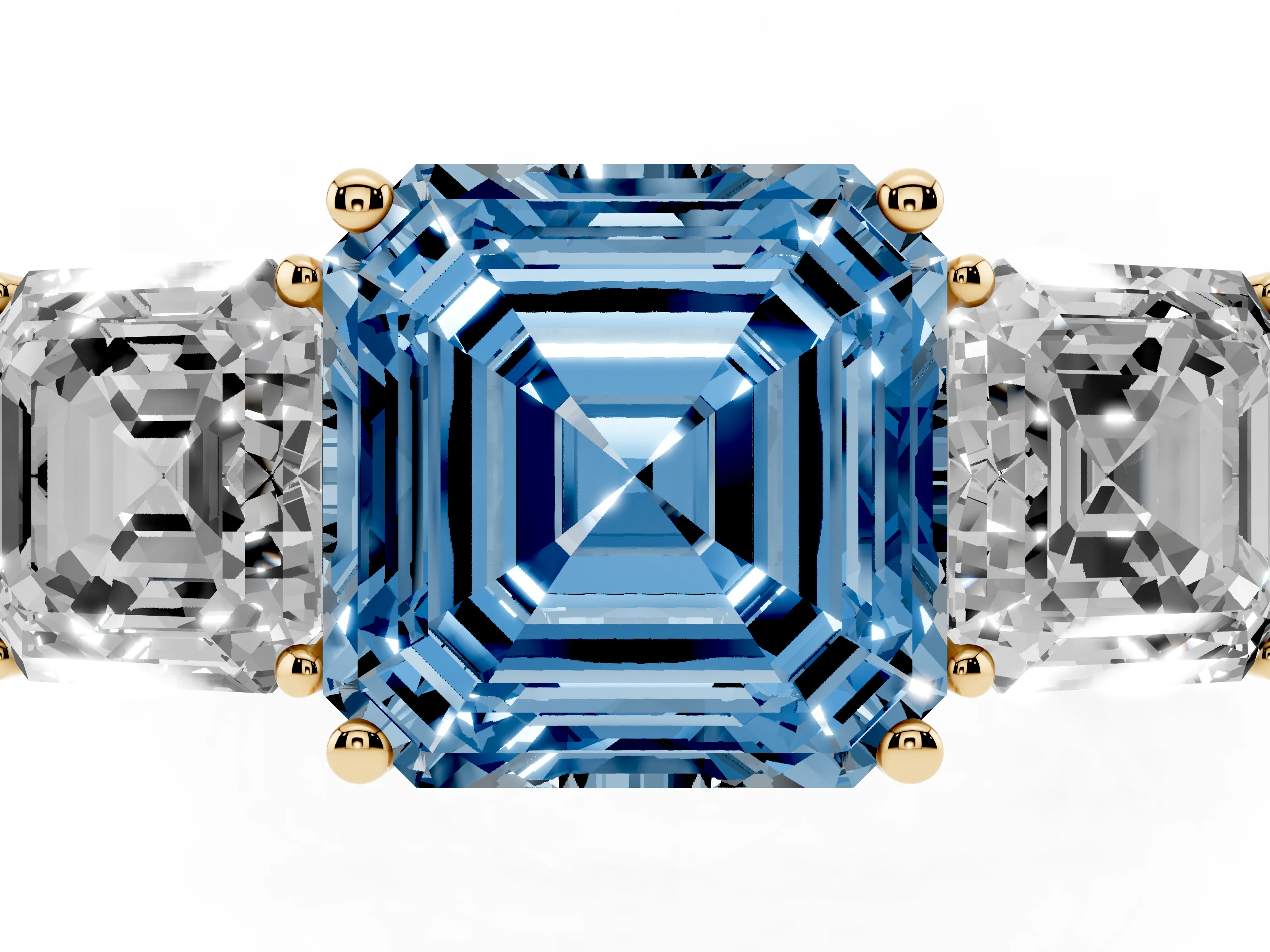 Fancy Blue Asscher Cut Diamond Three-Stone Engagement Ring Set in Yellow gold with Flat Band