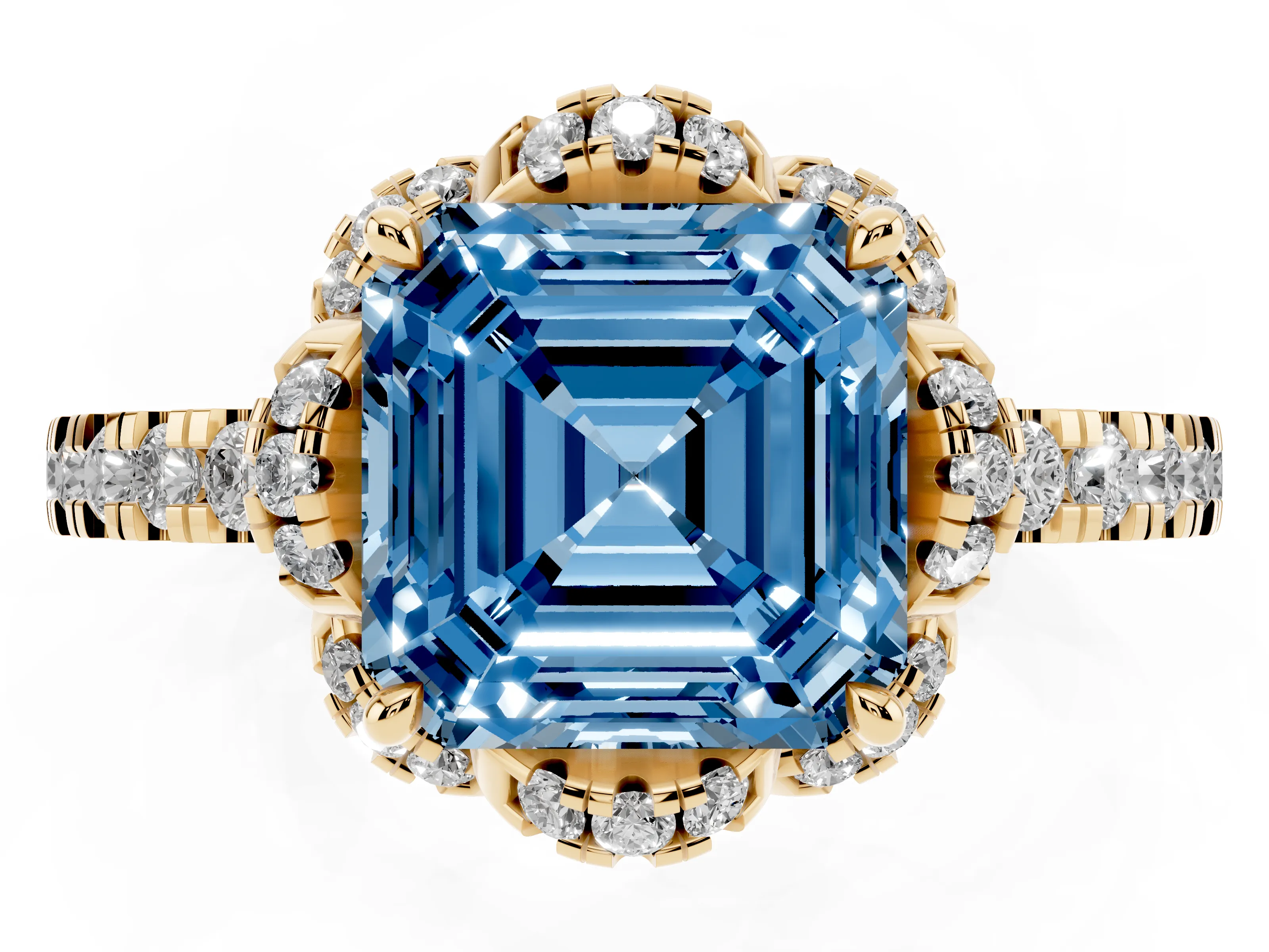 Fancy Blue Asscher Cut Diamond Halo Pavé Ring Set in Yellow gold with Prong-Held Center Stone